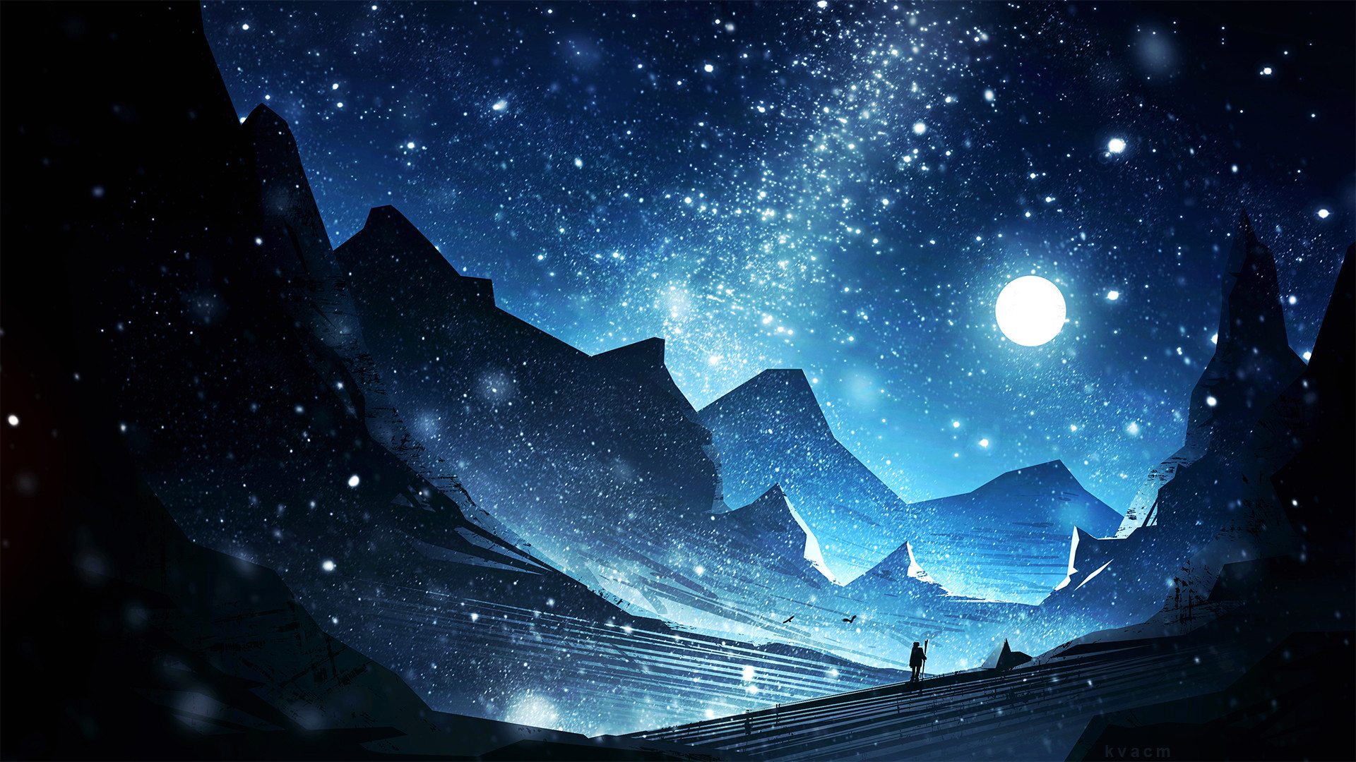 Download mobile wallpaper Landscape, Fantasy, Stars, Night, Moon, Mountain for free.