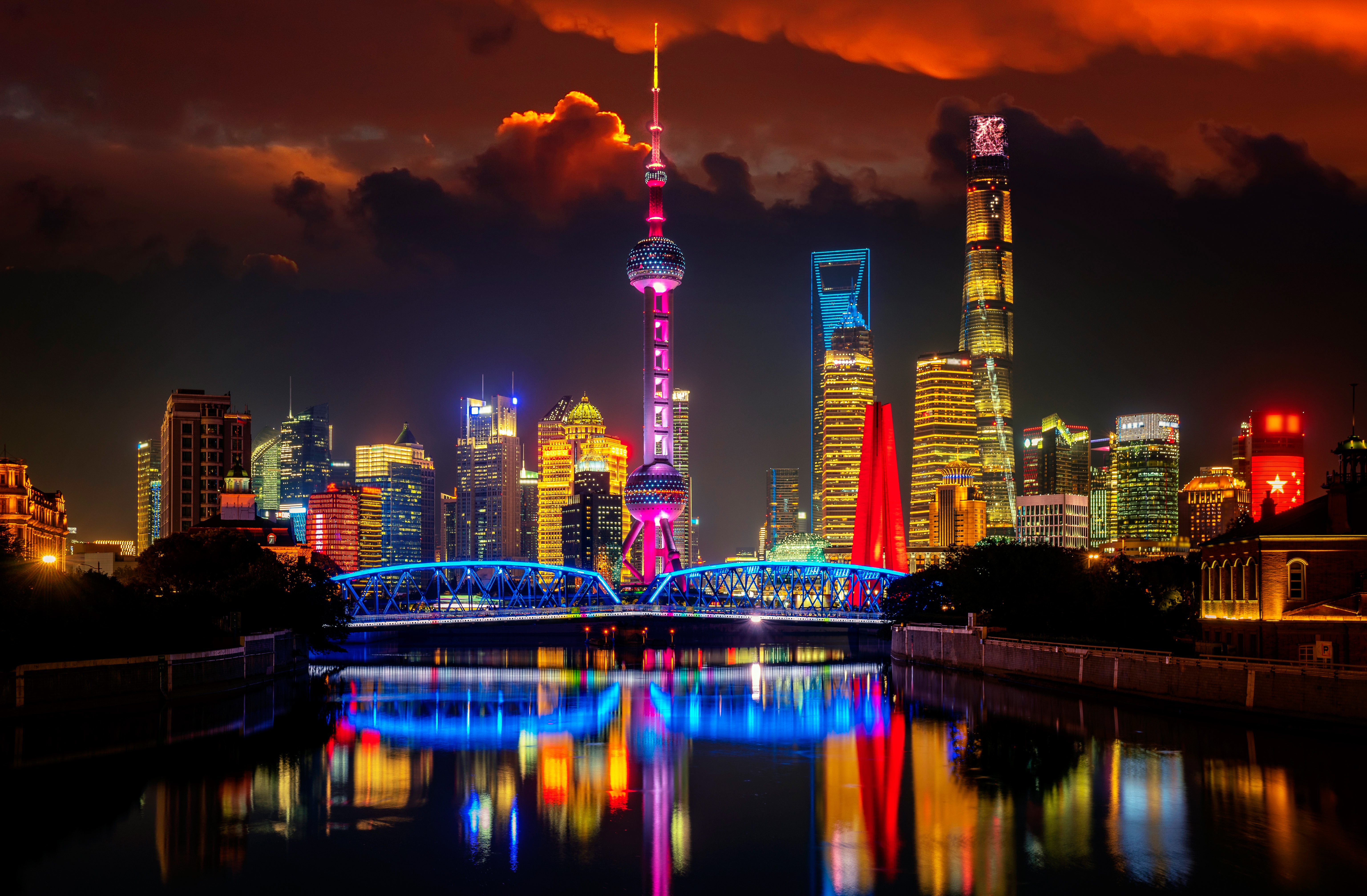 shanghai, china, oriental pearl tower, man made, bridge, building, city, night, river, skyscraper, cities