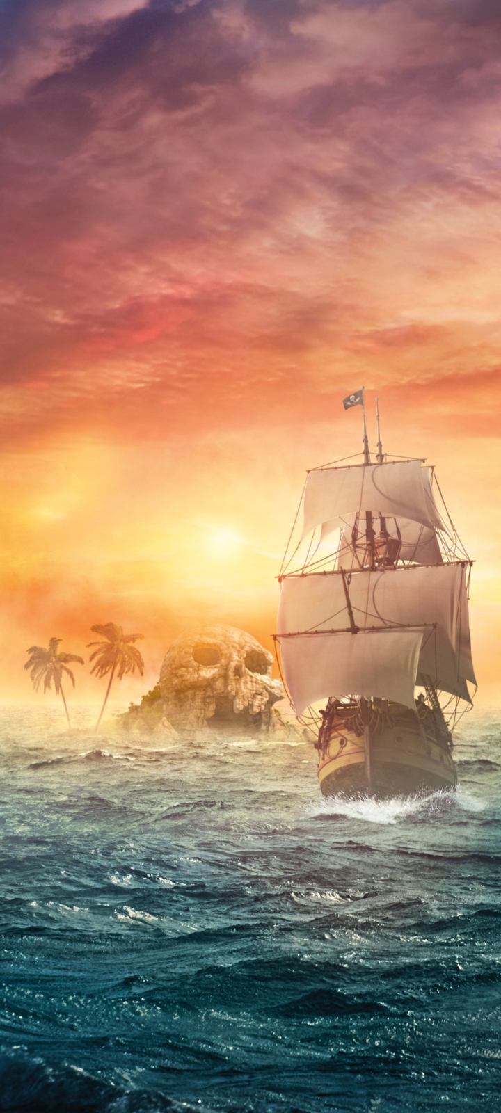 Handy-Wallpaper Fantasie, Segelboot, Schiff, Sonnenuntergang, Piratenschiff kostenlos herunterladen.