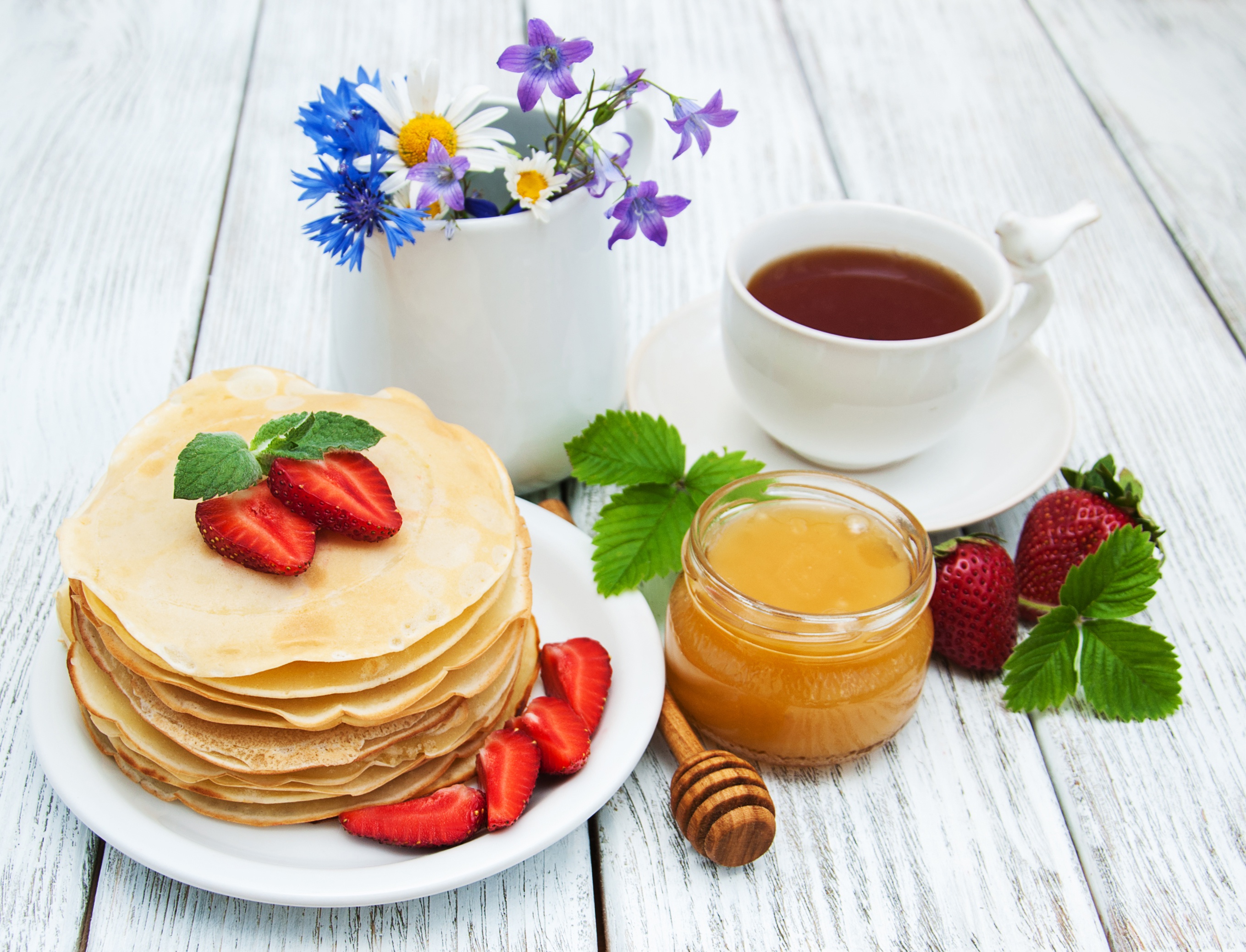 Download mobile wallpaper Food, Strawberry, Still Life, Berry, Honey, Breakfast, Crêpe for free.