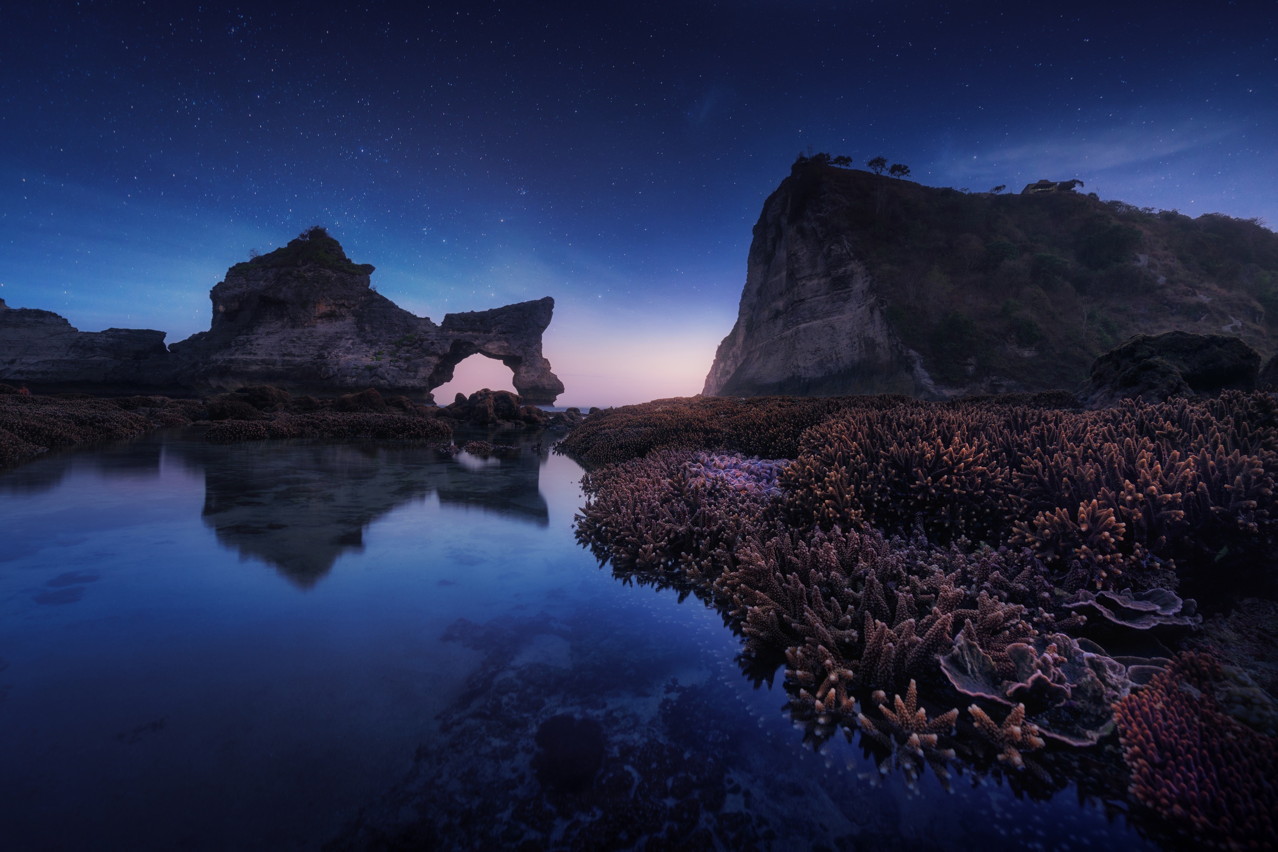 Free download wallpaper Nature, Sky, Night, Coral, Reflection, Earth, Arch, Seascape on your PC desktop