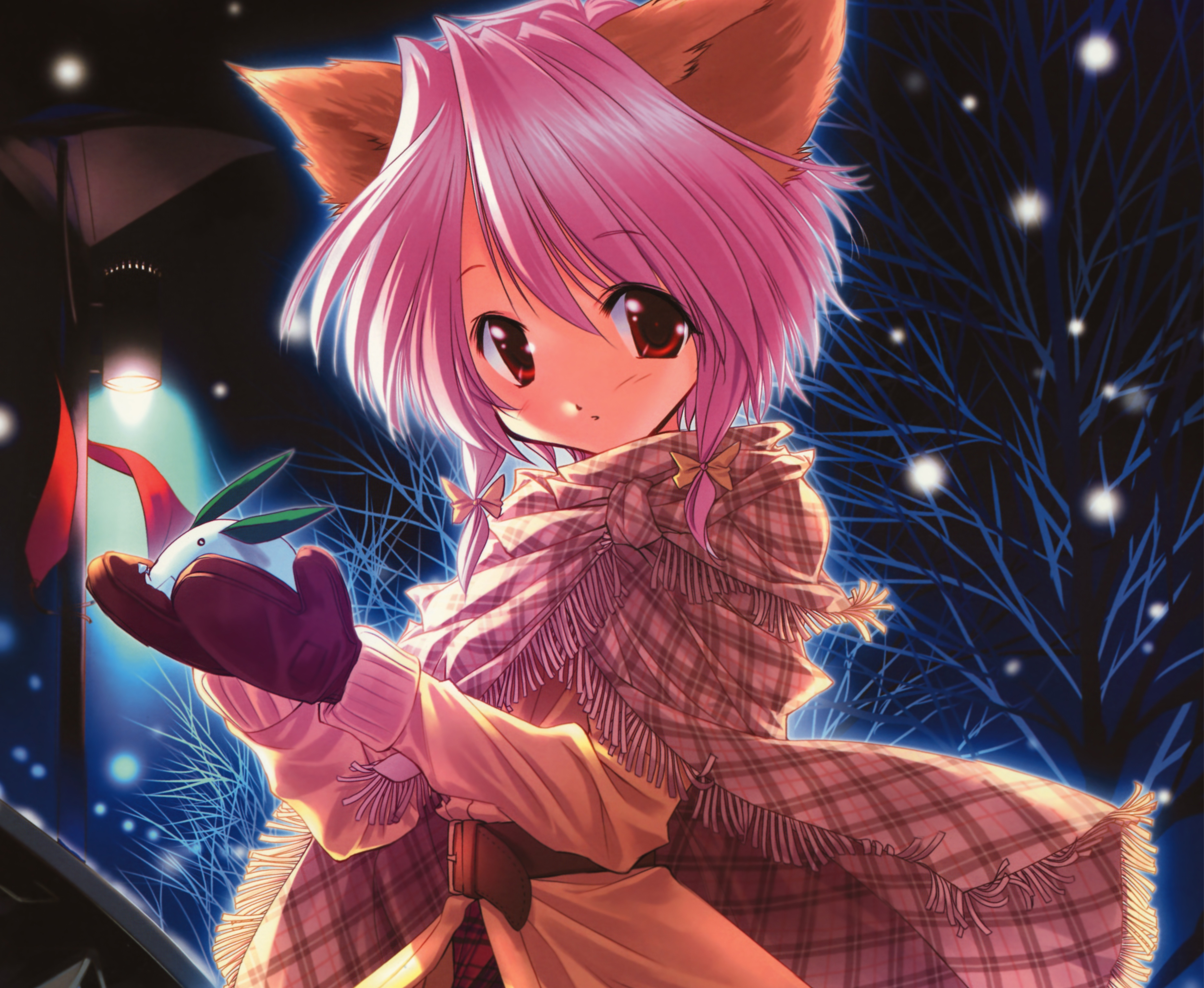 Free download wallpaper Anime, Winter, Snowfall, Scarf, Original, Pink Hair, Red Eyes, Short Hair, Animal Ears on your PC desktop