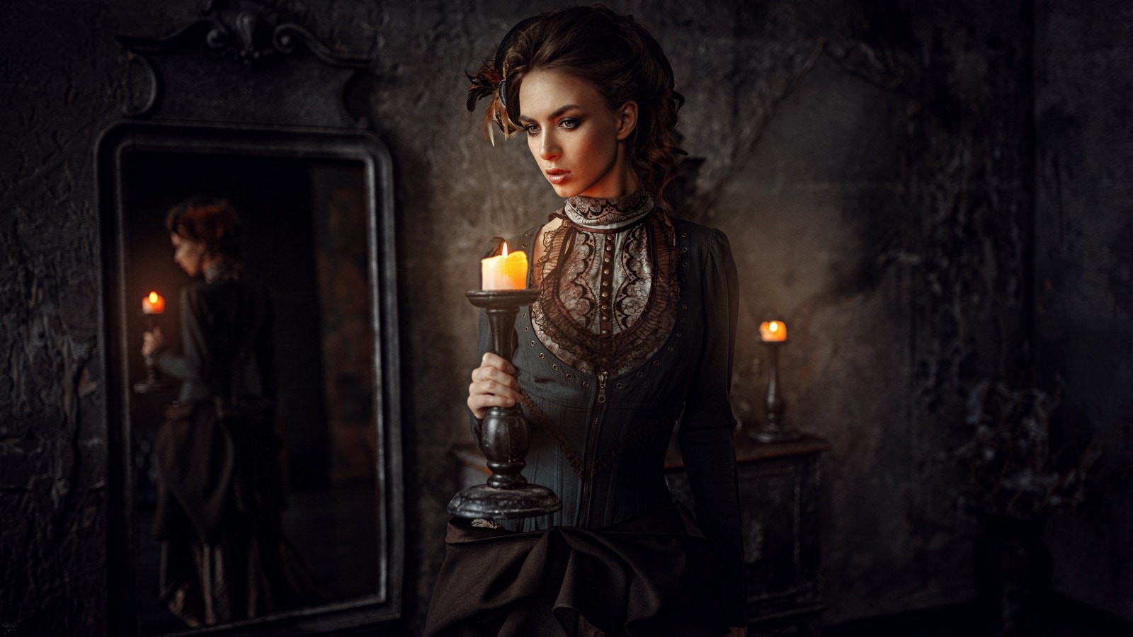 Download mobile wallpaper Fantasy, Gothic, Candle, Mirror, Model, Women for free.