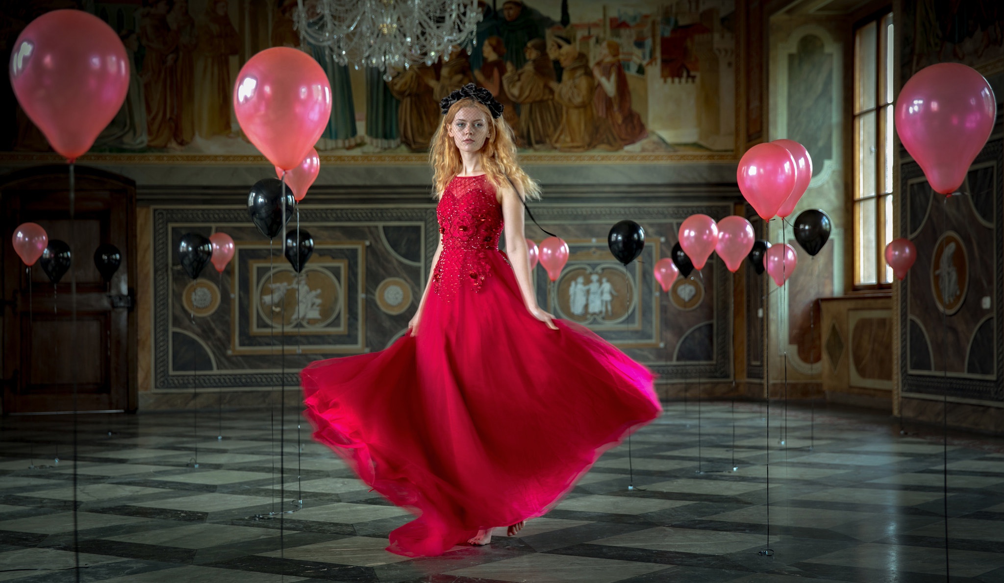 Download mobile wallpaper Balloon, Redhead, Model, Women, Red Dress for free.