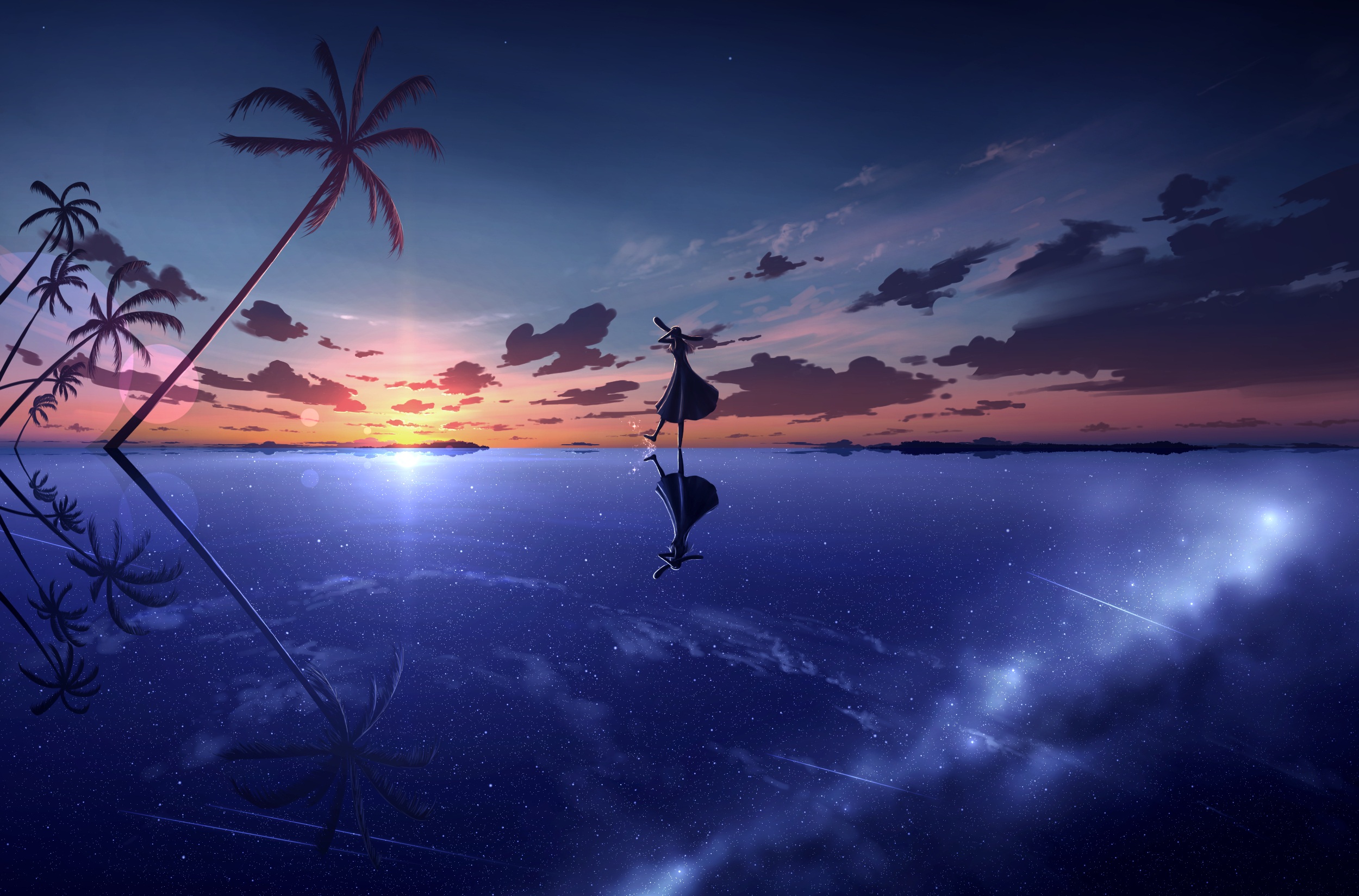 Download mobile wallpaper Anime, Sunset, Sky, Sea, Tree, Original for free.