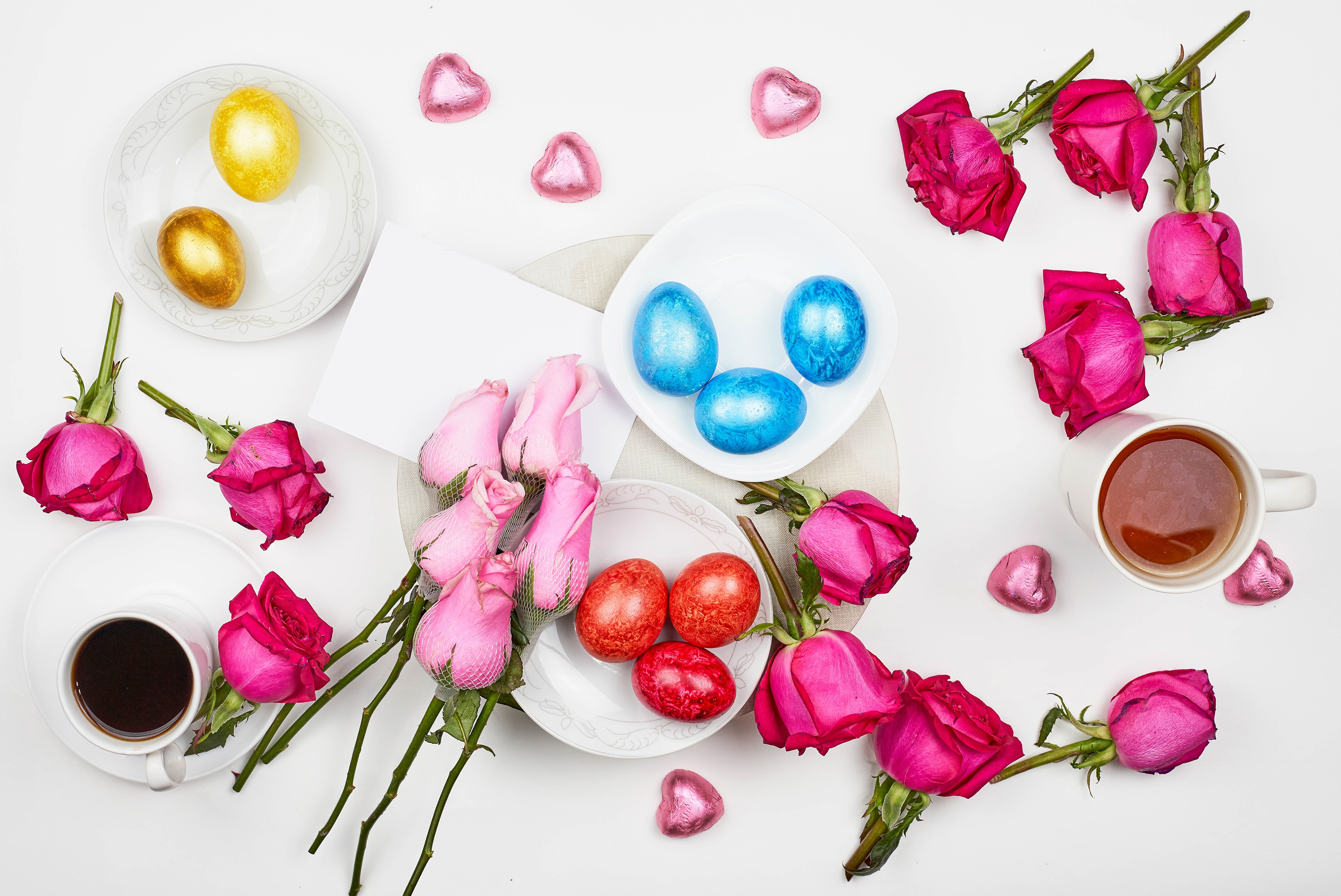 Laden Sie das Feiertage, Ostern, Blume, Rose, Tee, Stillleben, Osterei-Bild kostenlos auf Ihren PC-Desktop herunter
