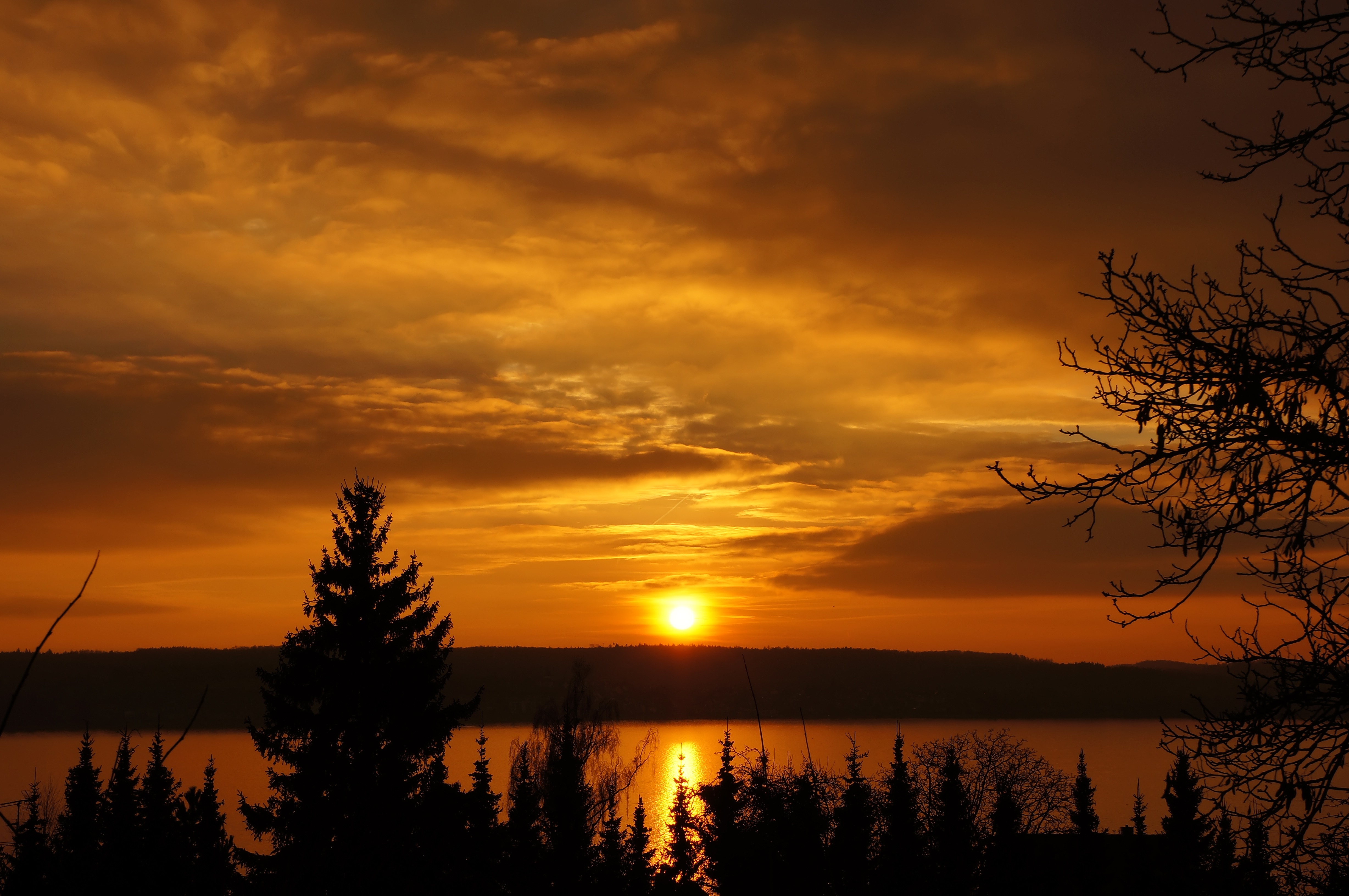 Laden Sie das Natur, Baum, Fluss, Himmel, Sonnenuntergang, Sonne, Erde/natur, Spiegelung, Orange Farbe)-Bild kostenlos auf Ihren PC-Desktop herunter