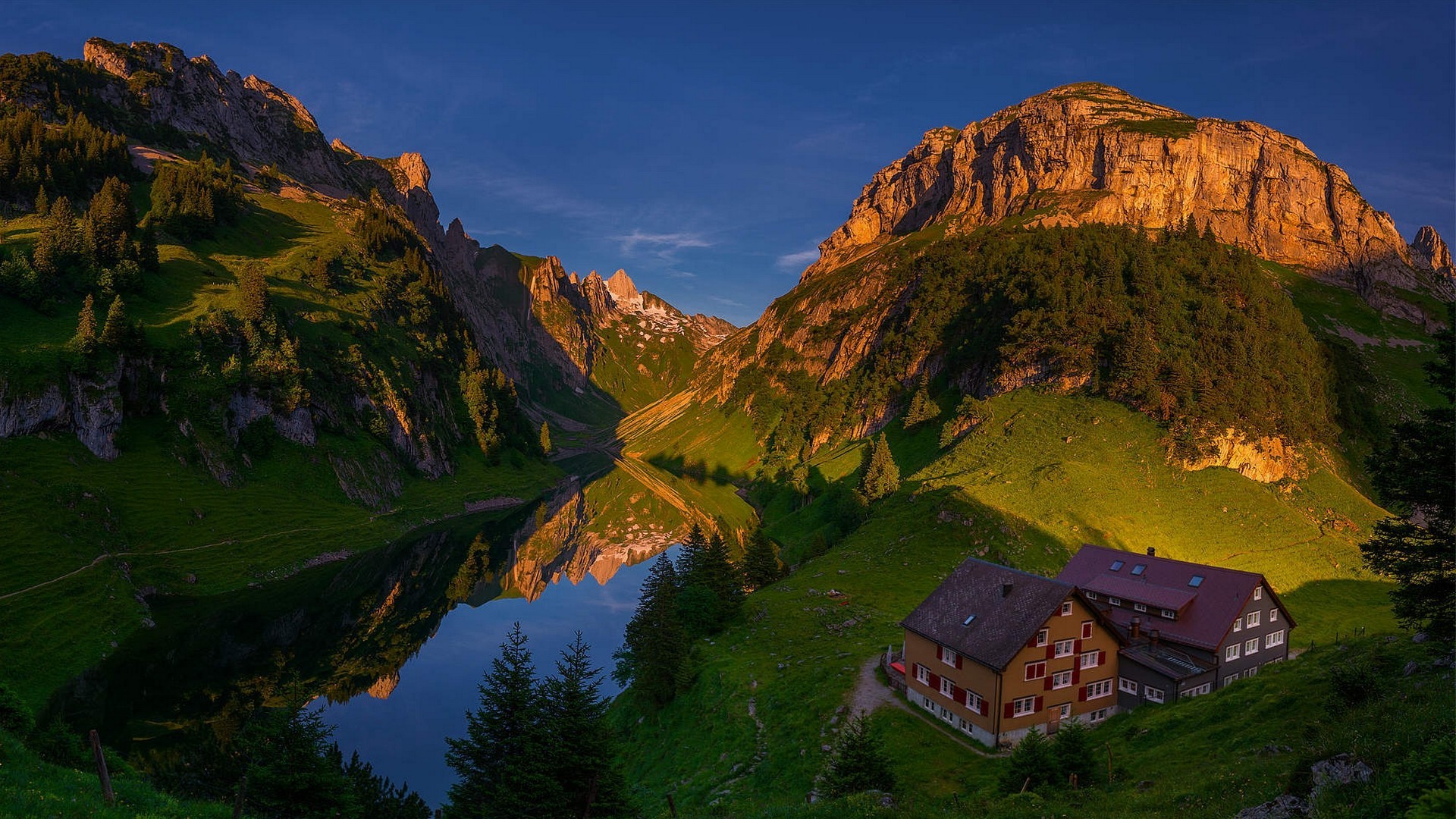 Download mobile wallpaper Landscape, Mountain, Lake, Reflection, House, Valley, Man Made for free.