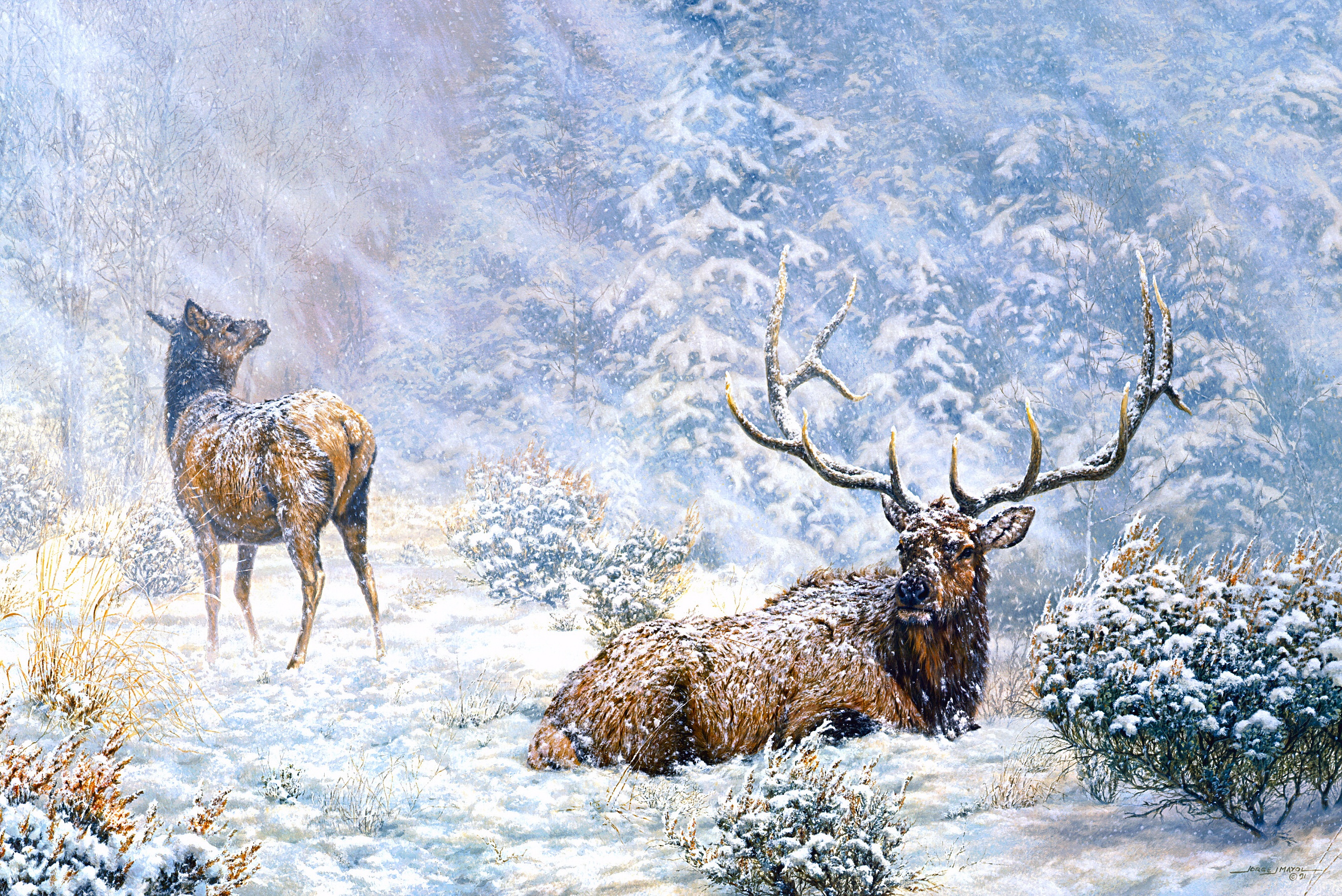 Download mobile wallpaper Winter, Nature, Snow, Animal, Painting, Deer for free.