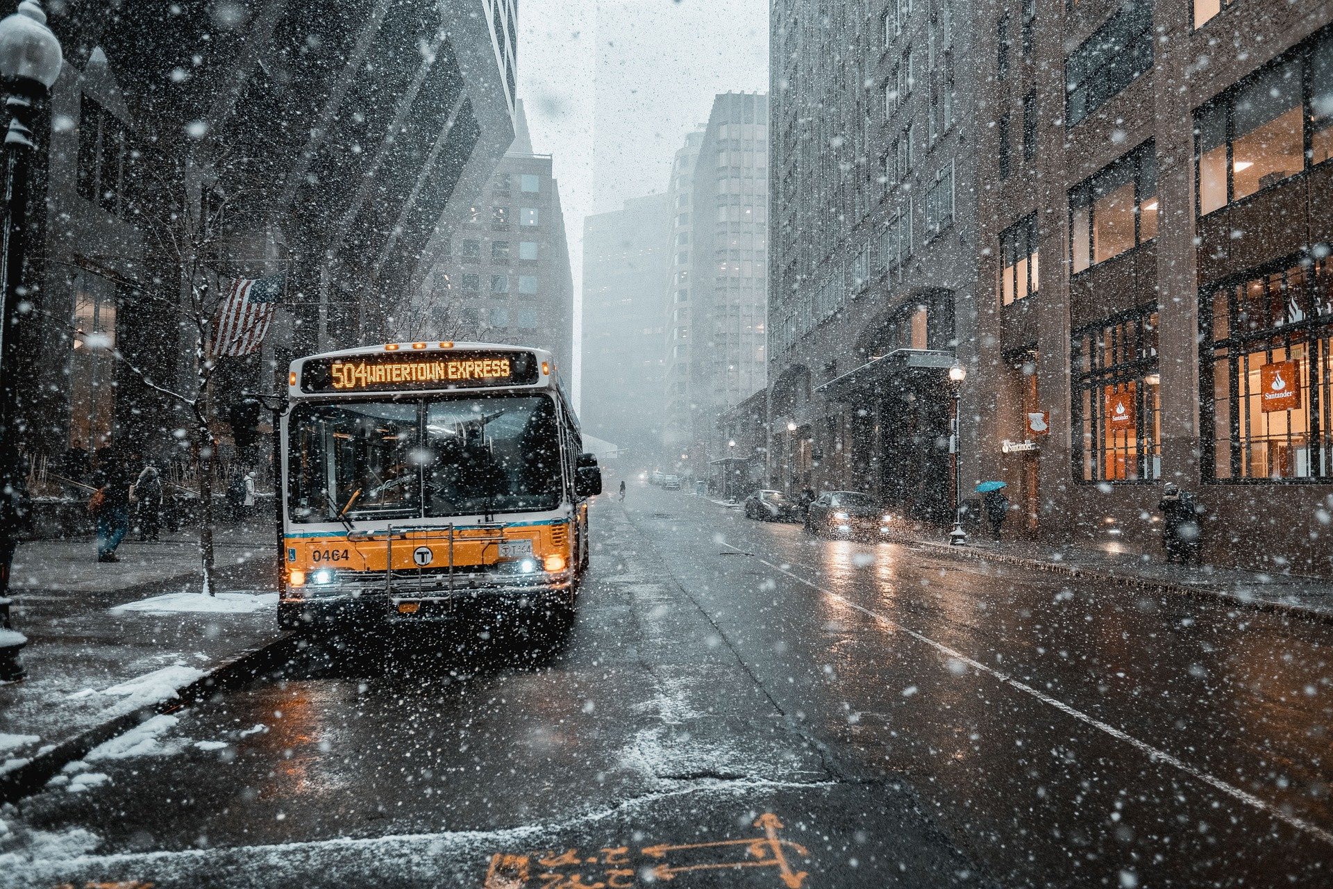 Download mobile wallpaper Road, Snowfall, Bus, Vehicles for free.
