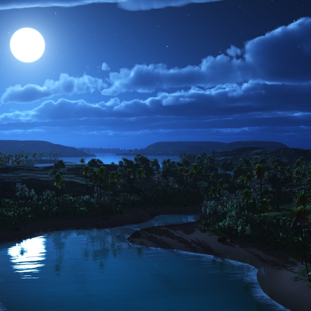 Download mobile wallpaper Landscape, Stars, Night, Moon, House, Hill, Artistic, Cloud, River, Palm Tree for free.