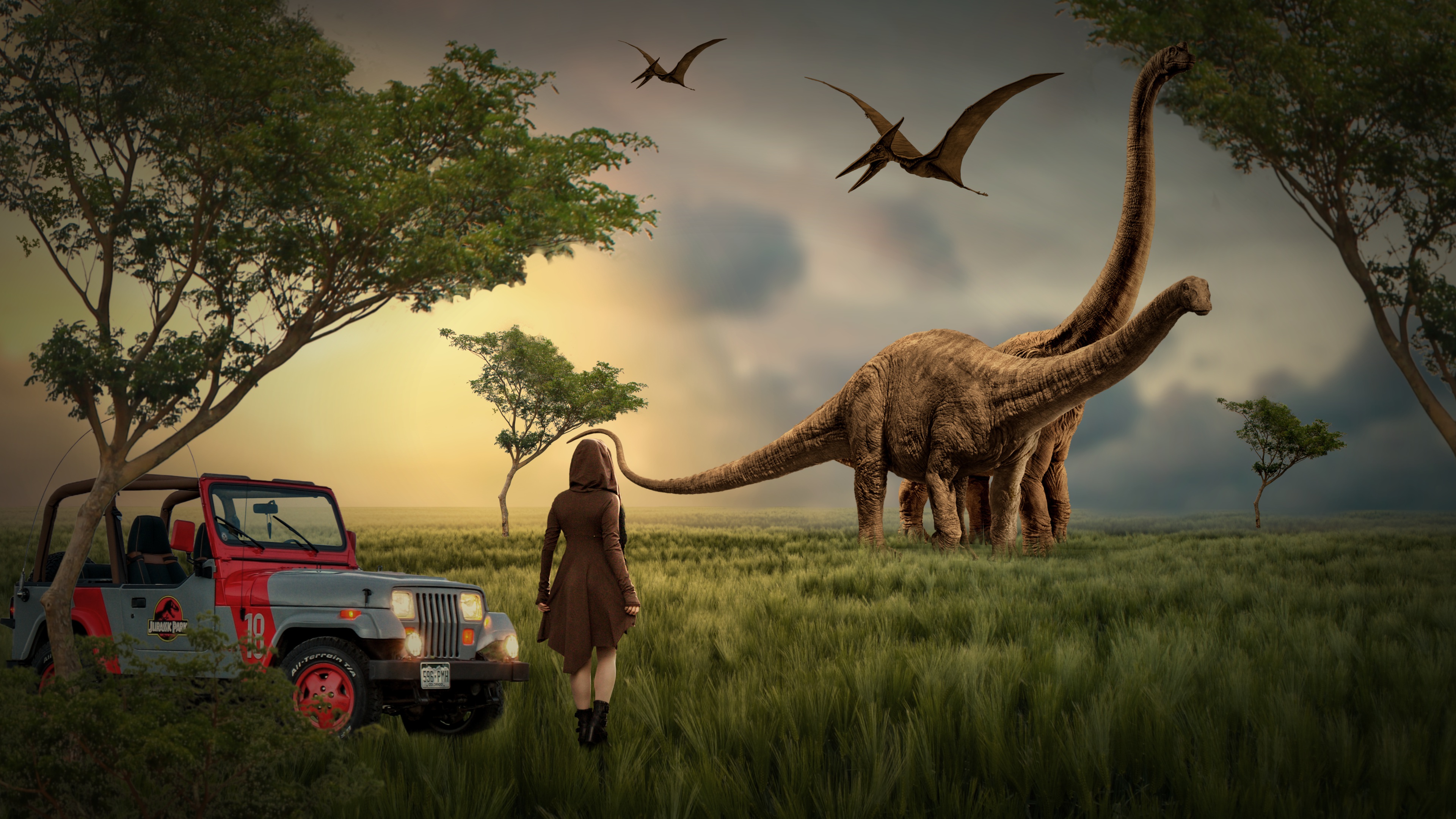 Download mobile wallpaper Fantasy, Car, Dream, Dinosaur for free.