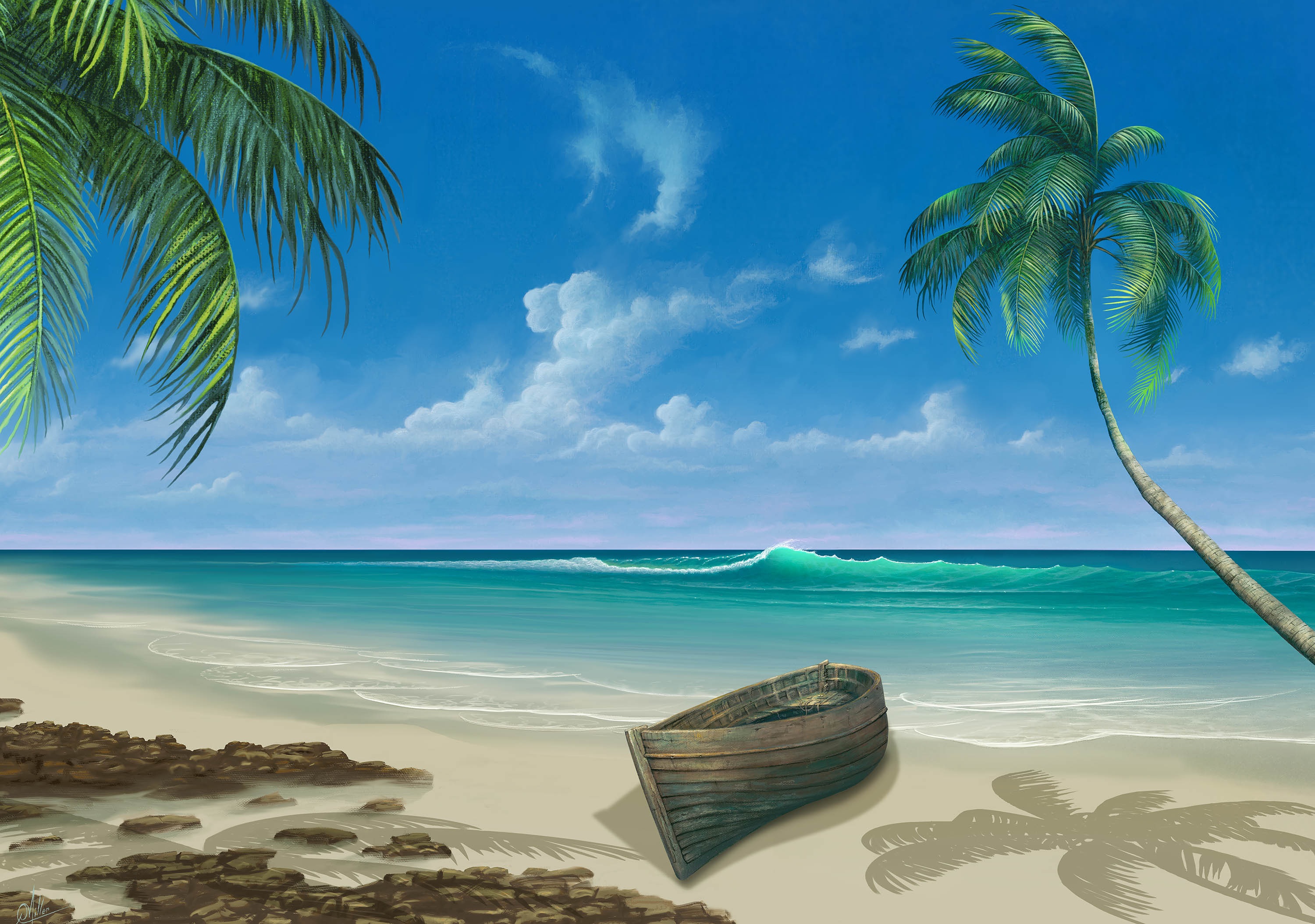 Baixar papel de parede para celular de Oceano, Palmeira, Palma, Um Barco, Barco, Surfar, Arte, Surf gratuito.
