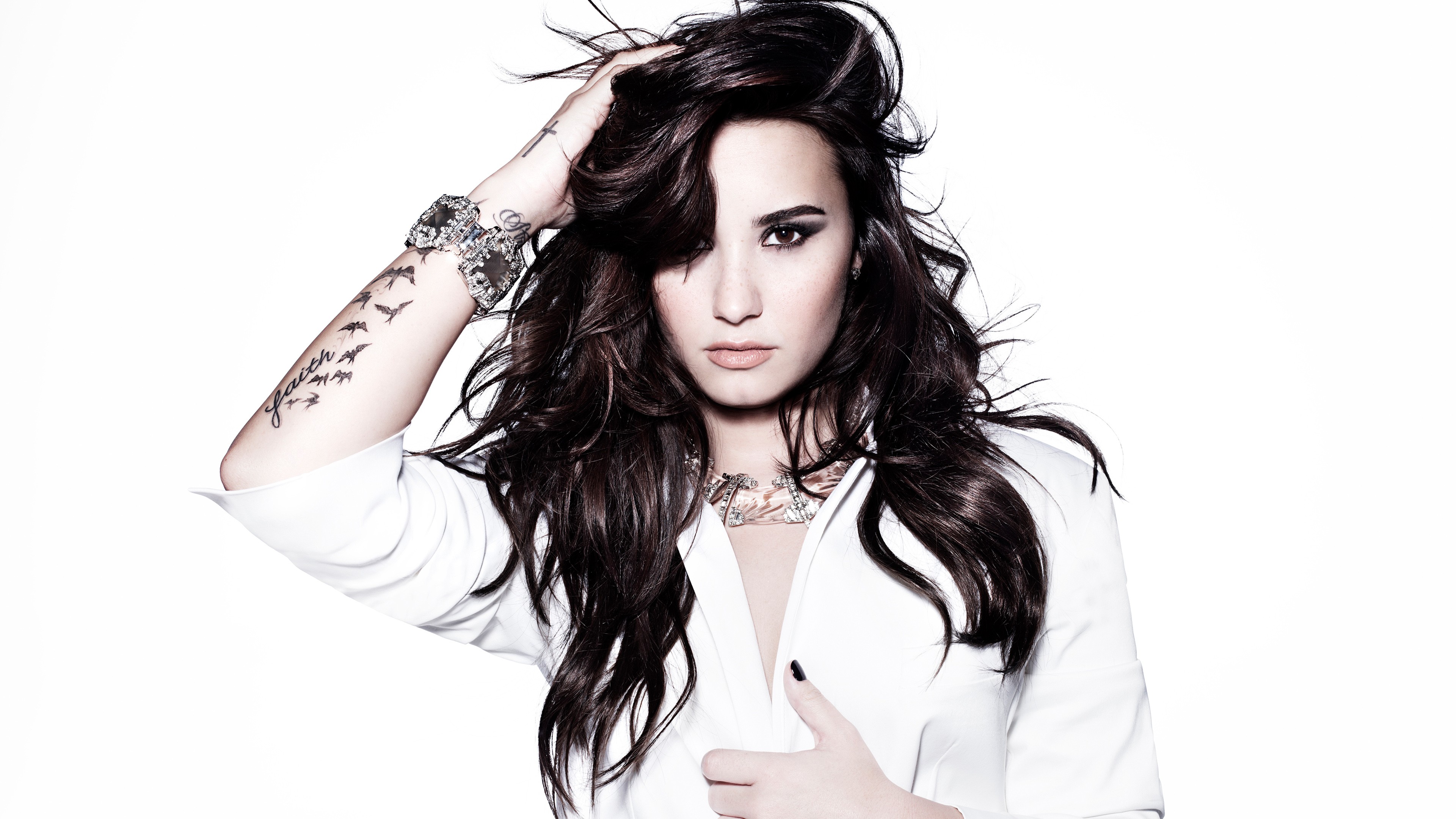Download mobile wallpaper Music, Singer, Brunette, Brown Eyes, White Dress, Demi Lovato for free.