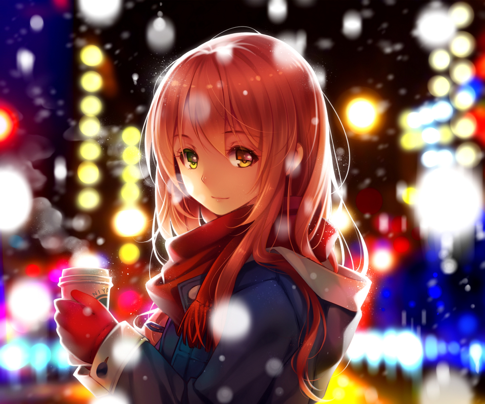 Free download wallpaper Anime, Night, Coffee, Light, Scarf, Original on your PC desktop