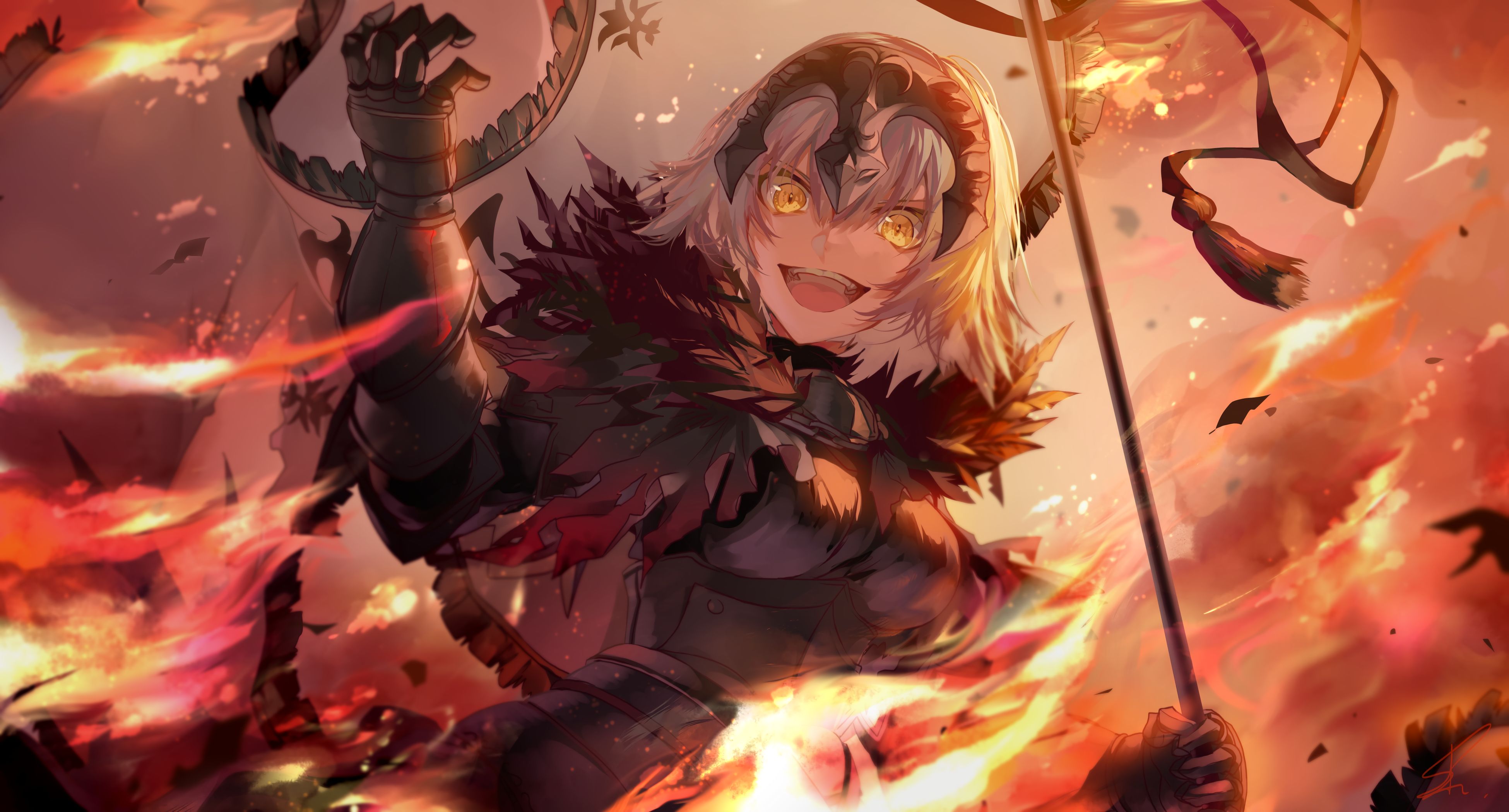 Free download wallpaper Anime, Fire, Flag, Yellow Eyes, Short Hair, White Hair, Fate/grand Order, Jeanne D'arc Alter, Avenger (Fate/grand Order), Banner, Fate Series on your PC desktop