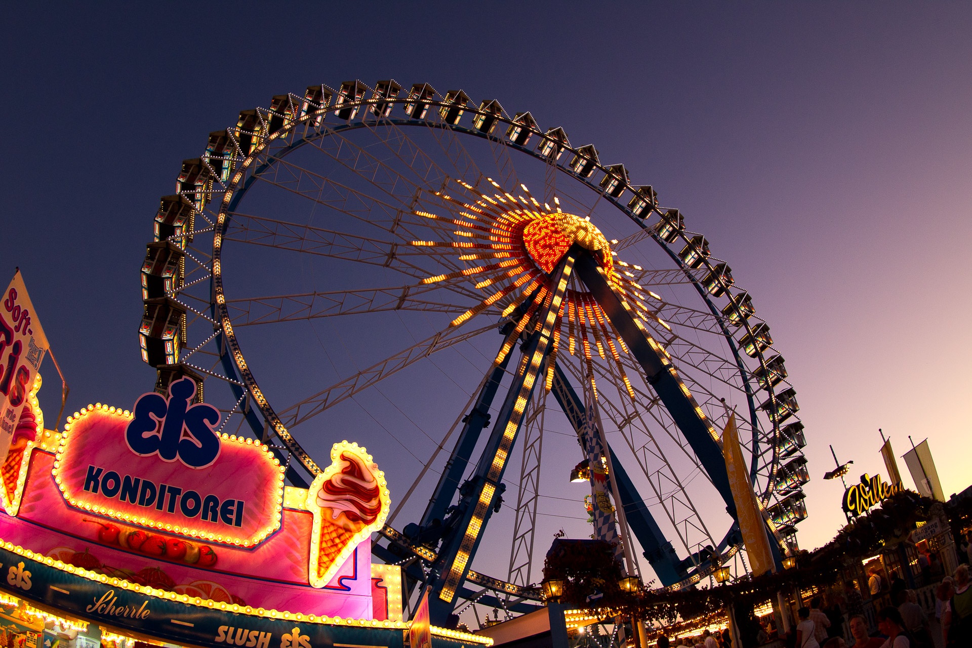 Download mobile wallpaper Night, Light, Colors, Ferris Wheel, Amusement Park, Man Made for free.