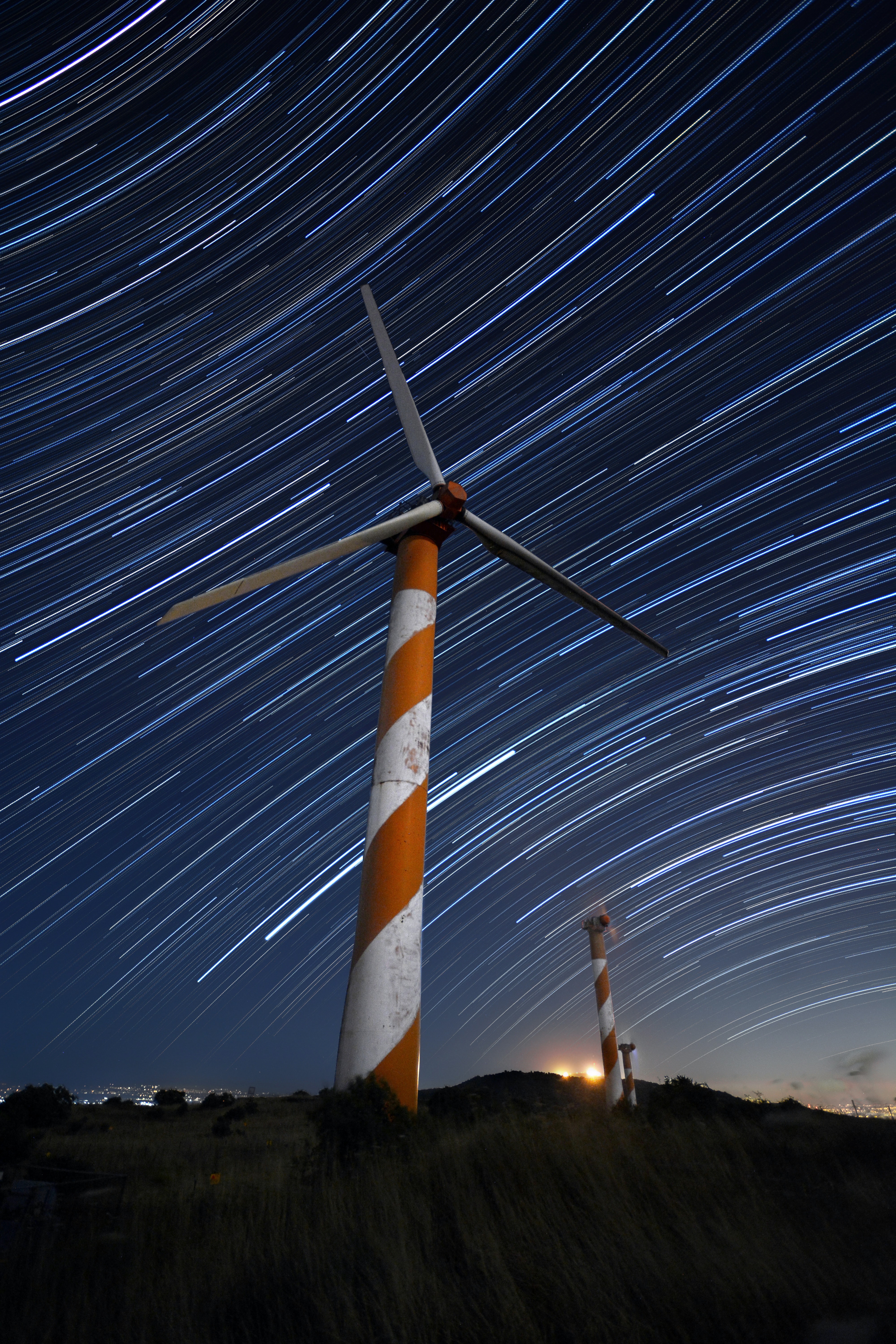 1920x1080 Background long exposure, night, dark, starry sky, design, construction, glow, wind turbine