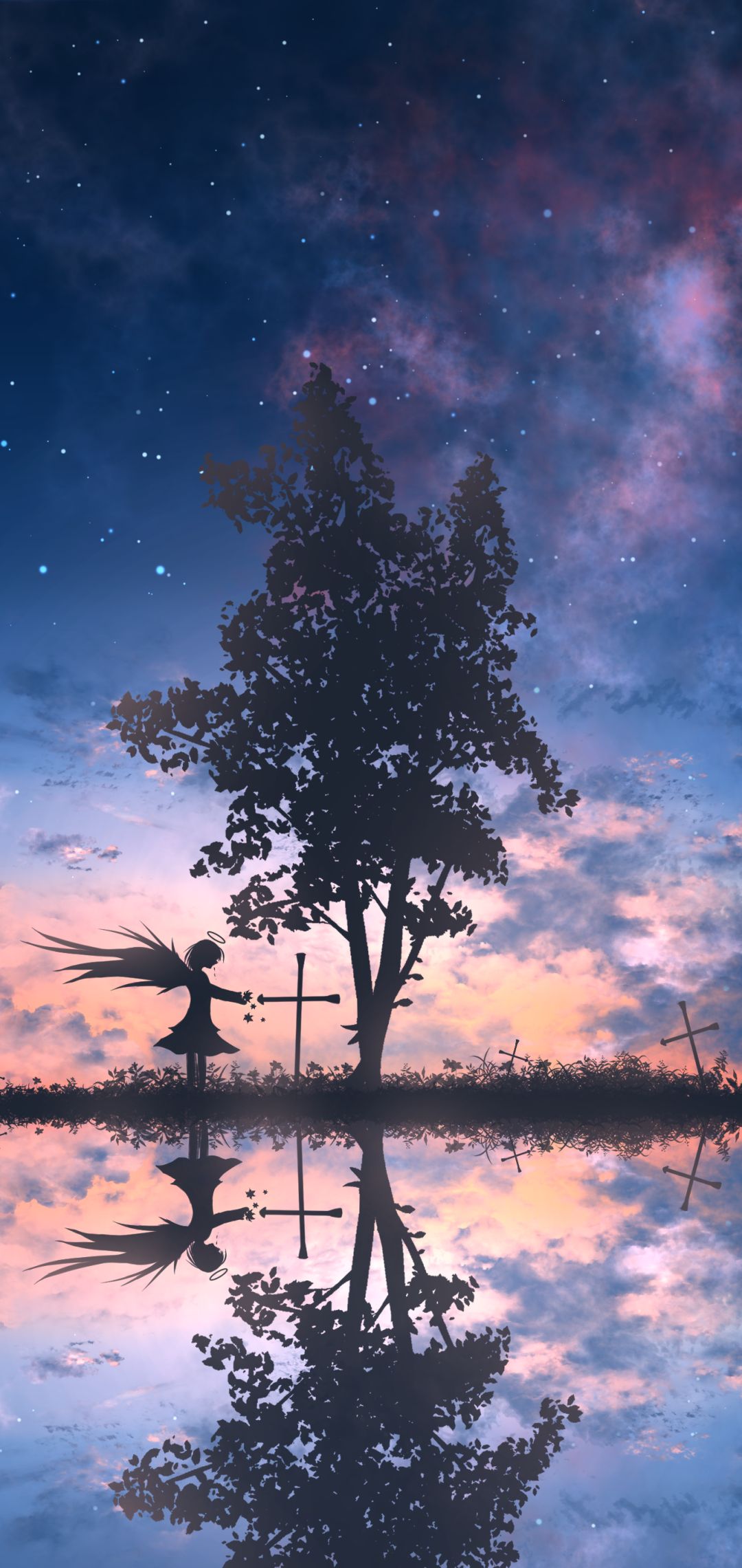 Скачать картинку Аниме, Отражение, Дерево, Звездное Небо, Крест, Оригинал в телефон бесплатно.