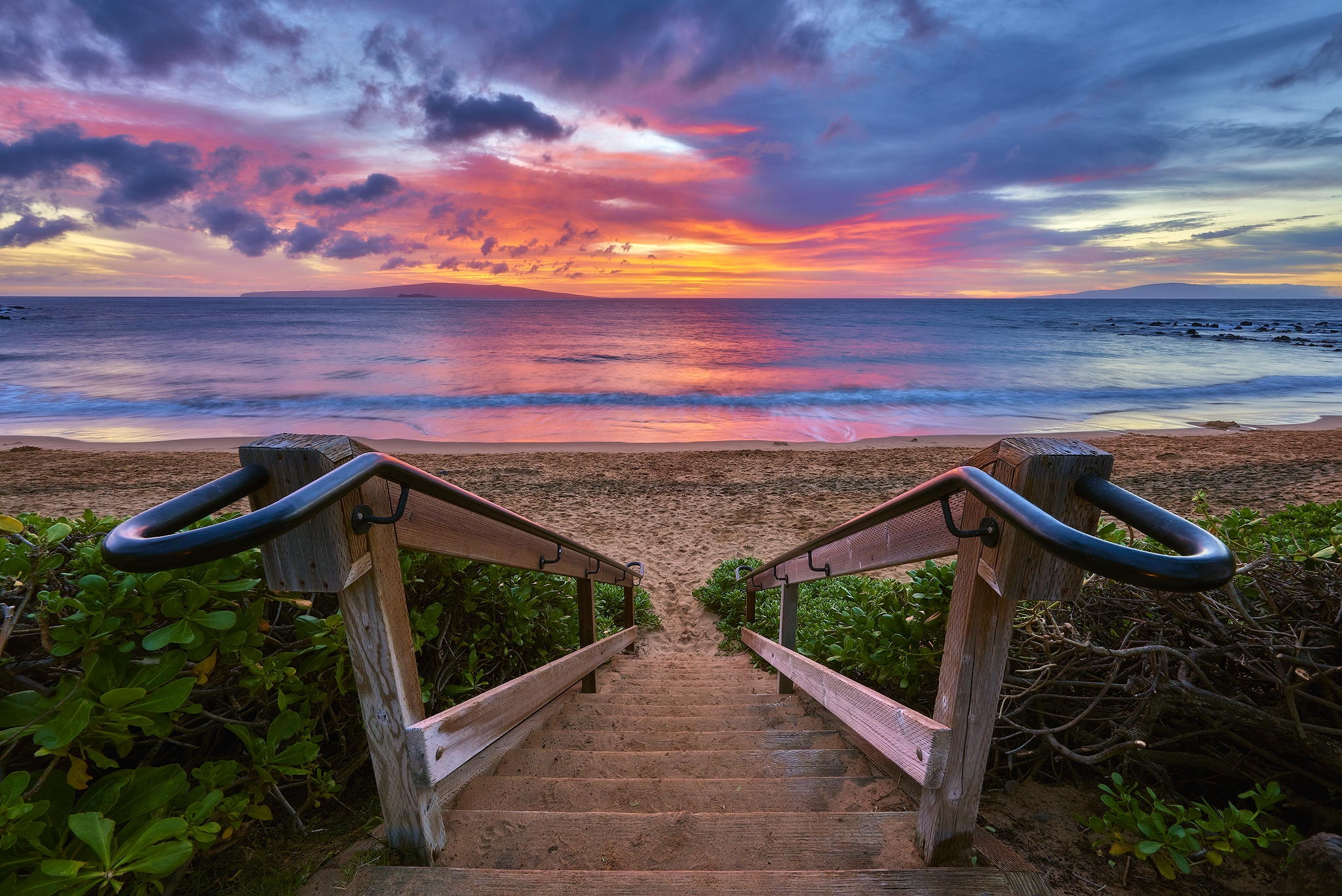 Free download wallpaper Sunset, Sea, Beach, Horizon, Ocean, Earth, Stairs, Photography on your PC desktop