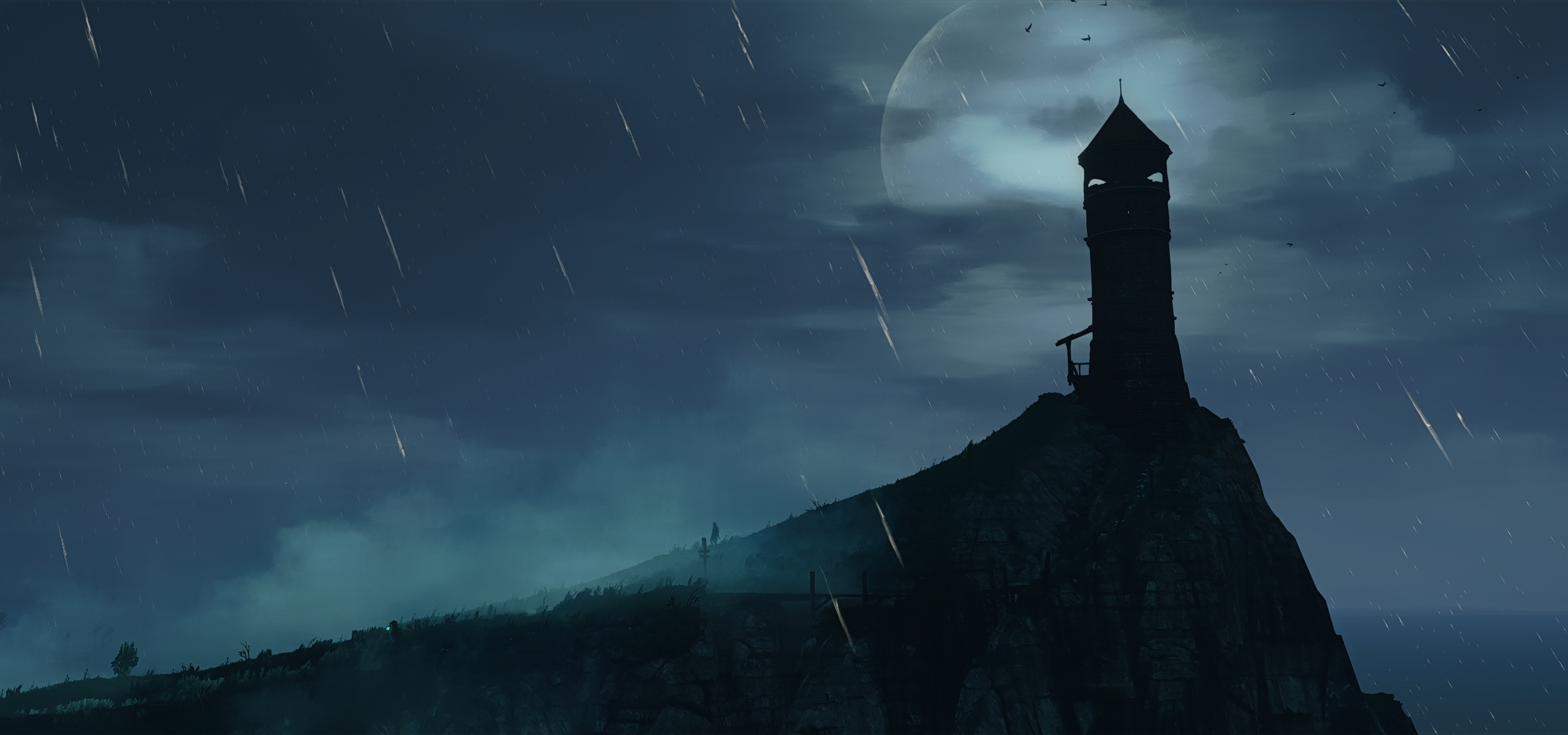 Handy-Wallpaper Regen, Mond, Leuchtturm, Nacht, Computerspiele, Der Hexer, The Witcher 3: Wild Hunt kostenlos herunterladen.