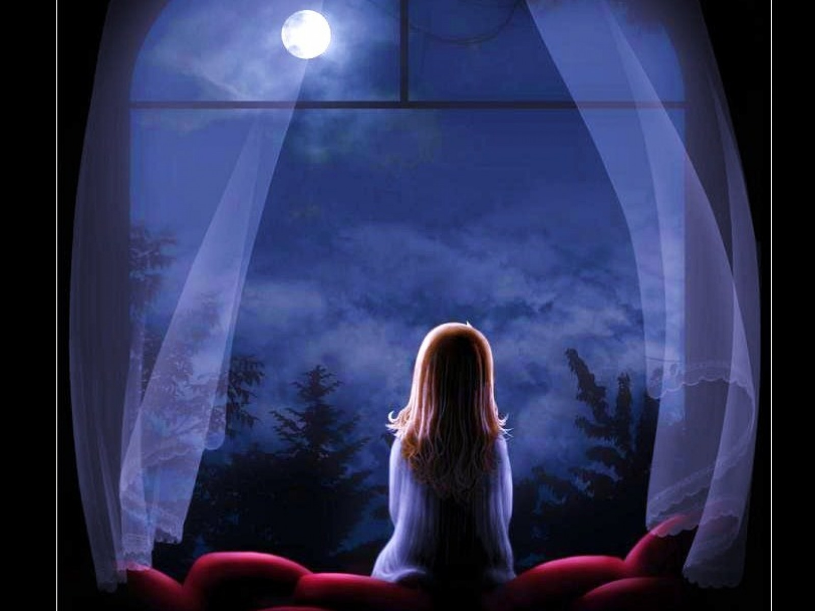 Download mobile wallpaper Fantasy, Night, Moon, Window, Child, Little Girl for free.