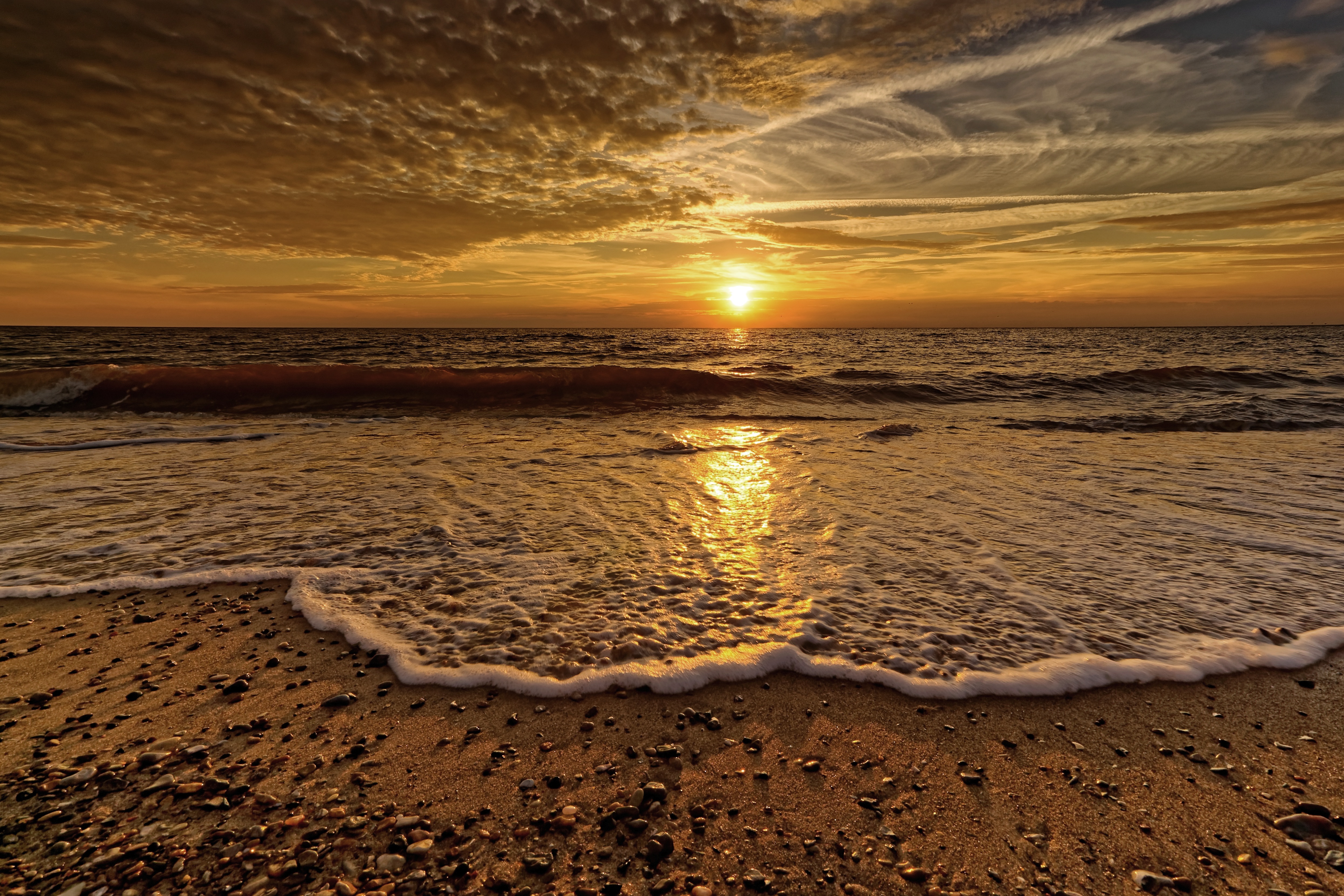 beach, nature, sunset, sea, clouds, horizon, foam, wave Desktop home screen Wallpaper