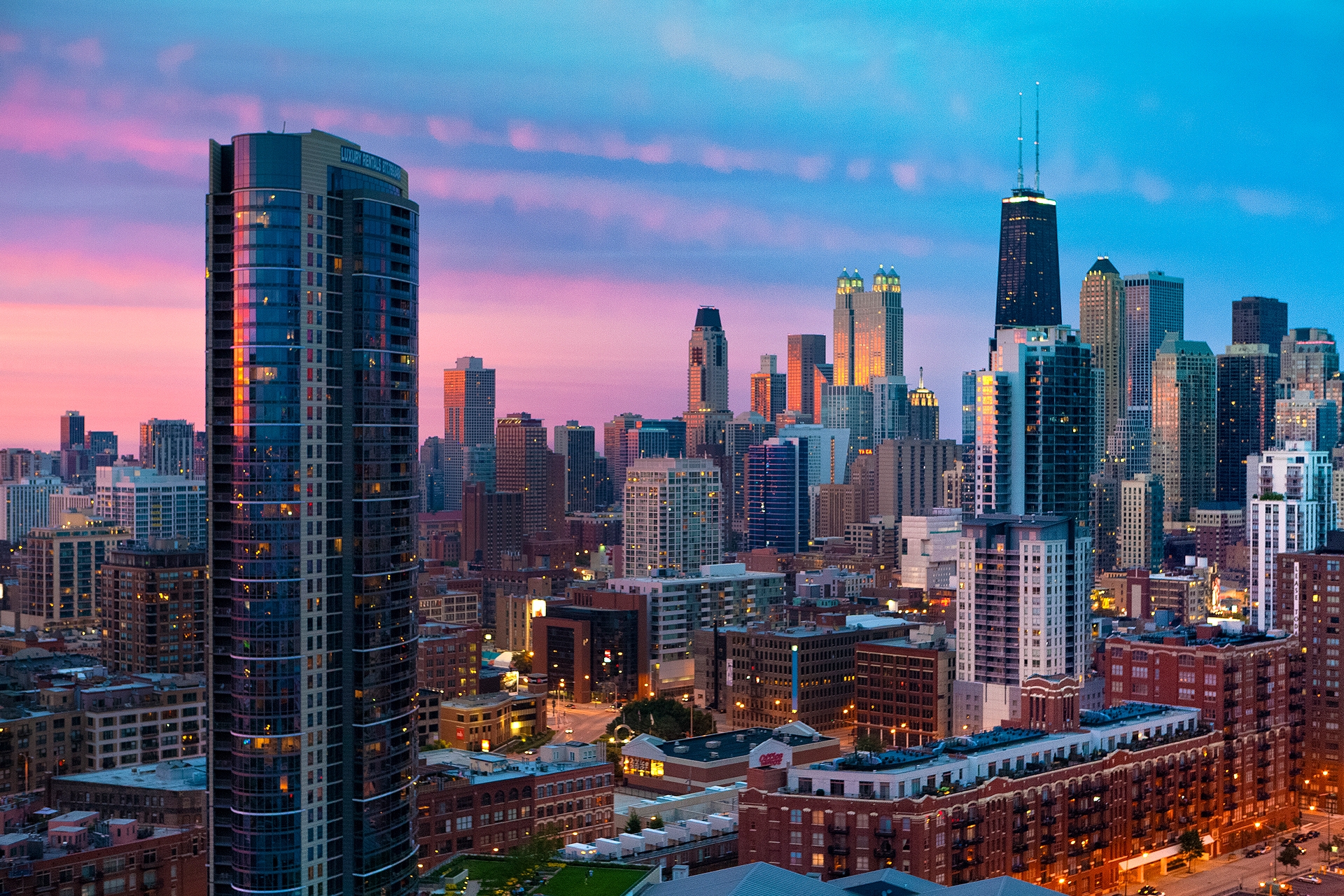 Download background skyscrapers, cities, sunset, city, chicago