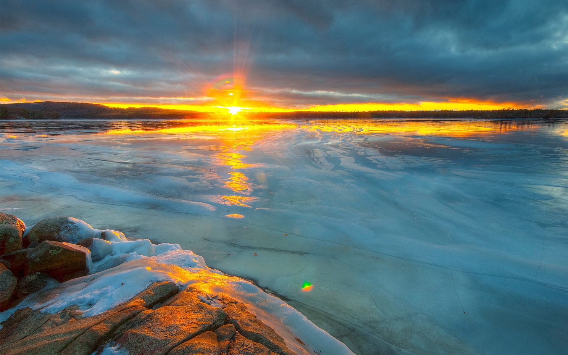 Download mobile wallpaper Rock, Horizon, Stone, Rivers, Evening, Sunset, Ice, Nature for free.