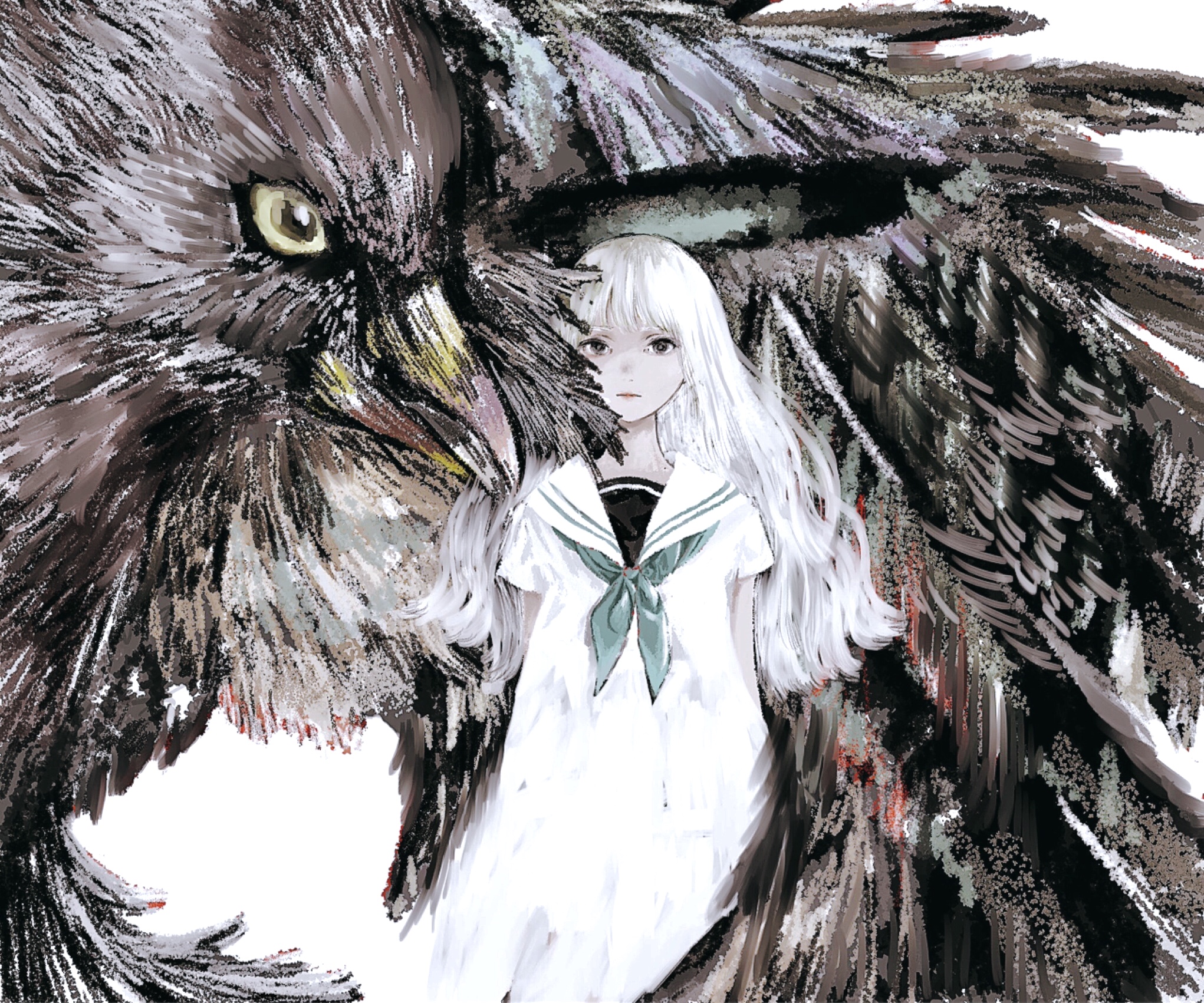 Download mobile wallpaper Anime, Bird, Original, Long Hair, White Hair, Black Eyes for free.