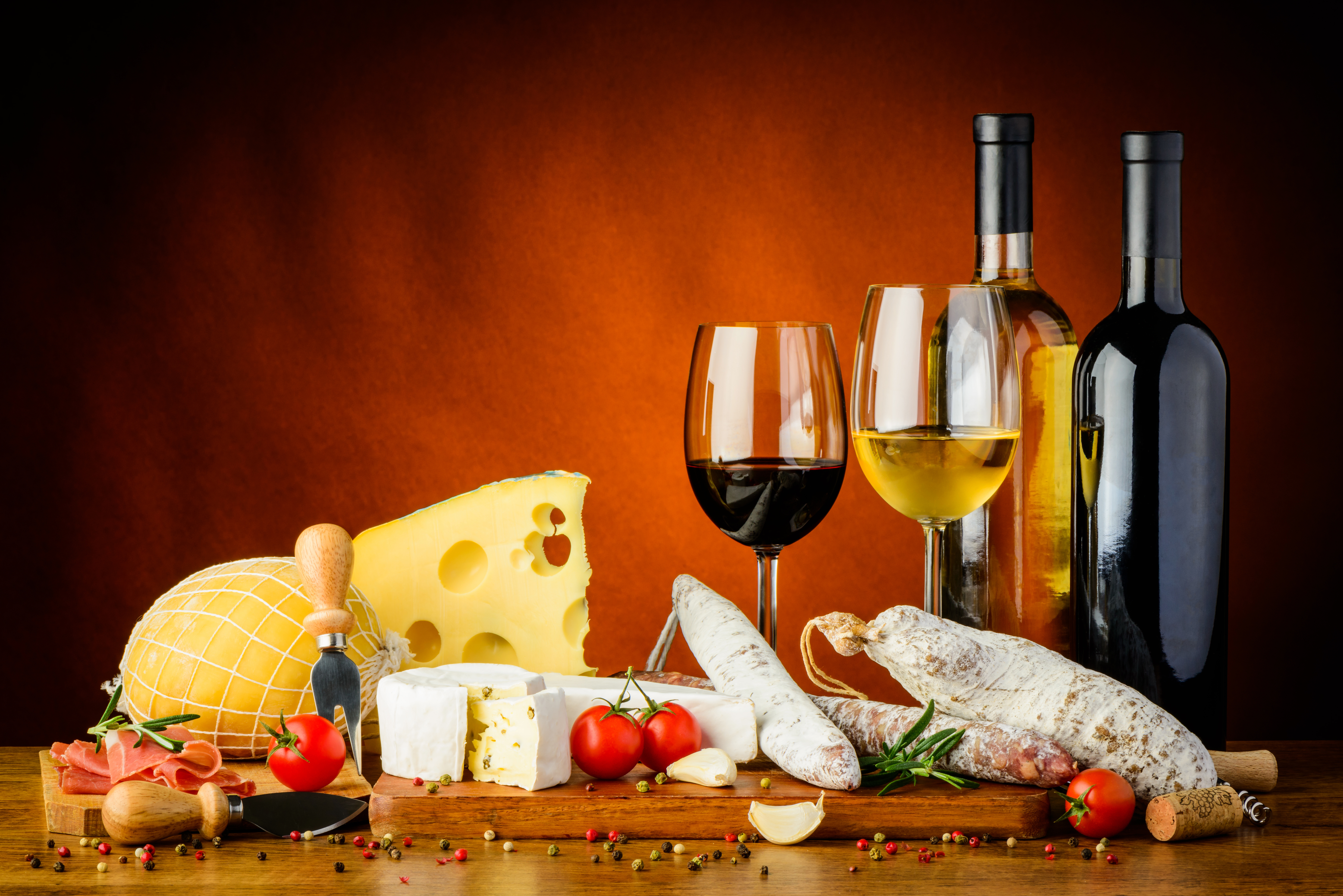 Download mobile wallpaper Food, Cheese, Meat, Still Life, Glass, Bottle, Tomato, Wine for free.