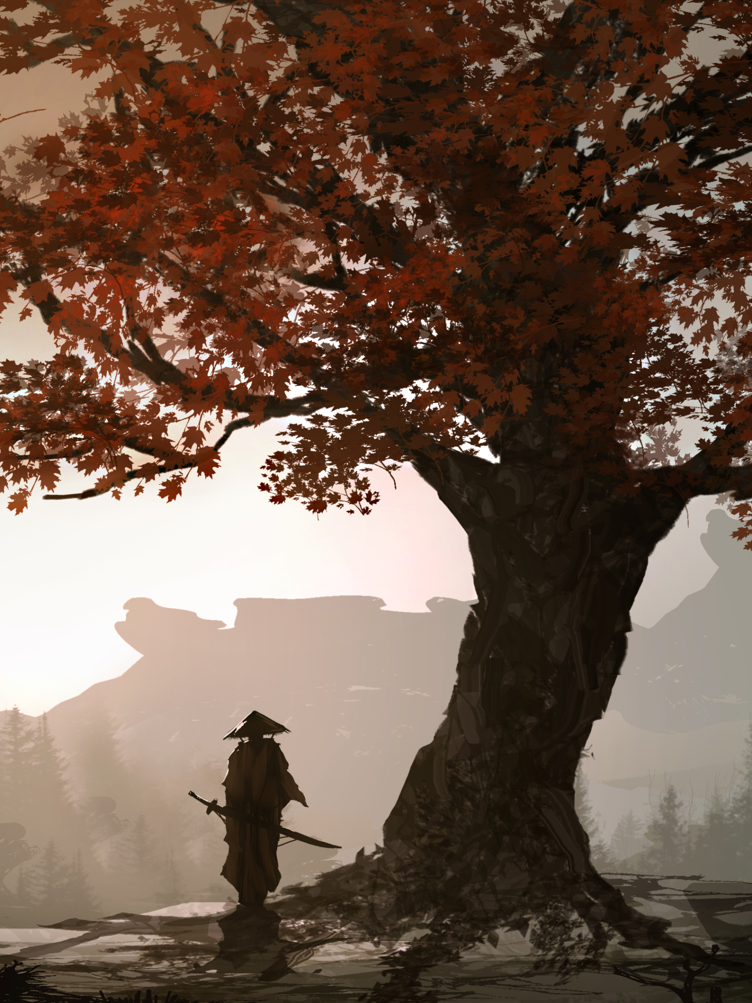 Handy-Wallpaper Fantasie, Herbst, Baum, Krieger, Samurai kostenlos herunterladen.