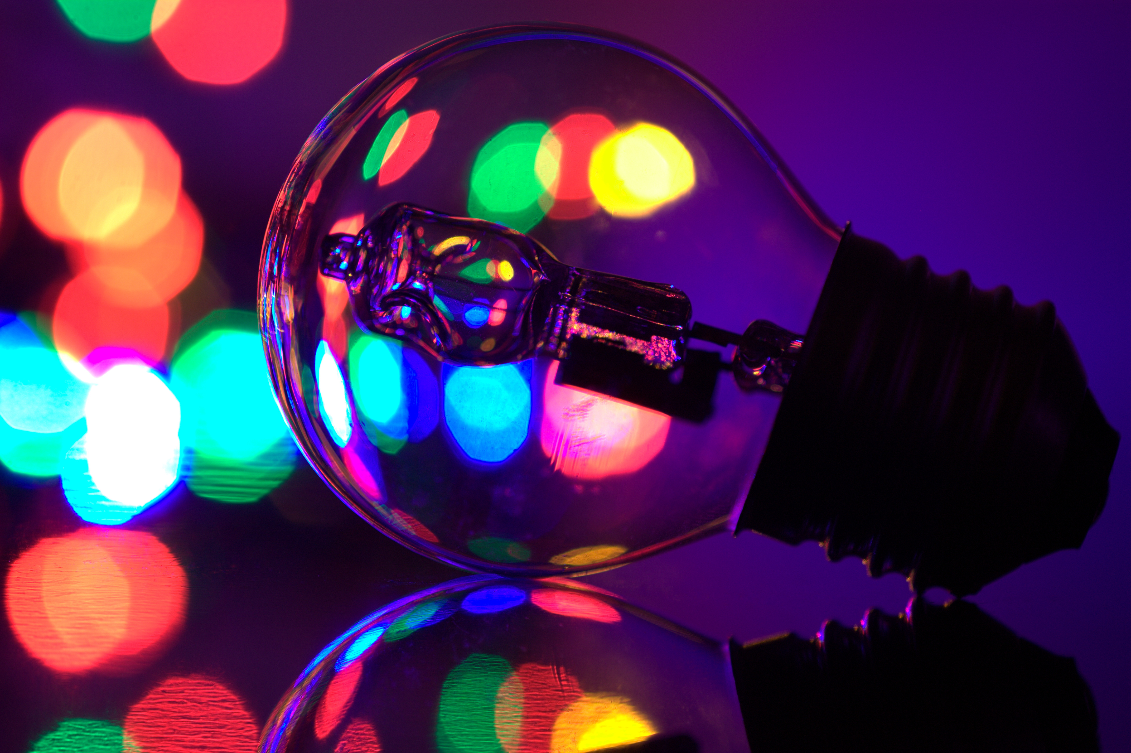 Download mobile wallpaper Reflection, Close Up, Colors, Bokeh, Light Bulb, Man Made for free.