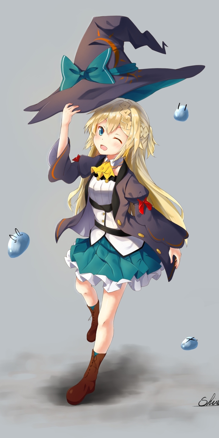 Download mobile wallpaper Anime, Blonde, Blue Eyes, Wink, Long Hair, Witch Hat, I've Been Killing Slimes For 300 Years And Maxed Out My Level, Azusa Aizawa for free.