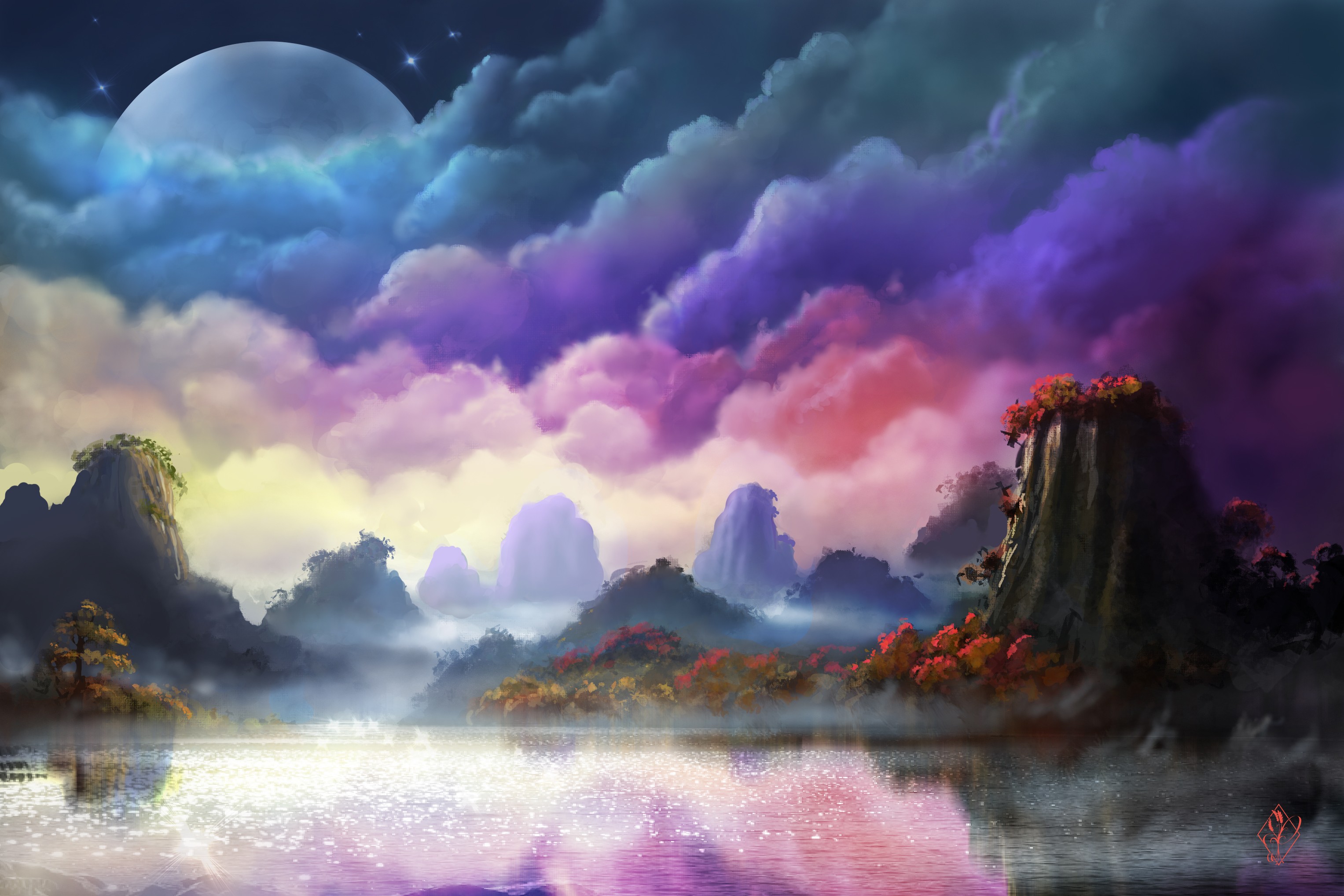 Laden Sie das Landschaft, Natur, Fantasie, Mond, Wolke-Bild kostenlos auf Ihren PC-Desktop herunter