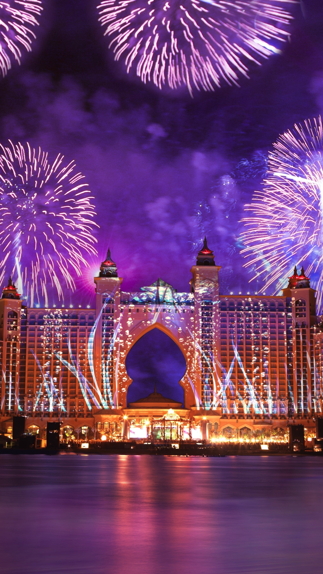 Download mobile wallpaper Night, Light, Dubai, Colors, Fireworks, Celebration, Hotel, Atlantis Hotel, Man Made, Atlantis The Palm for free.