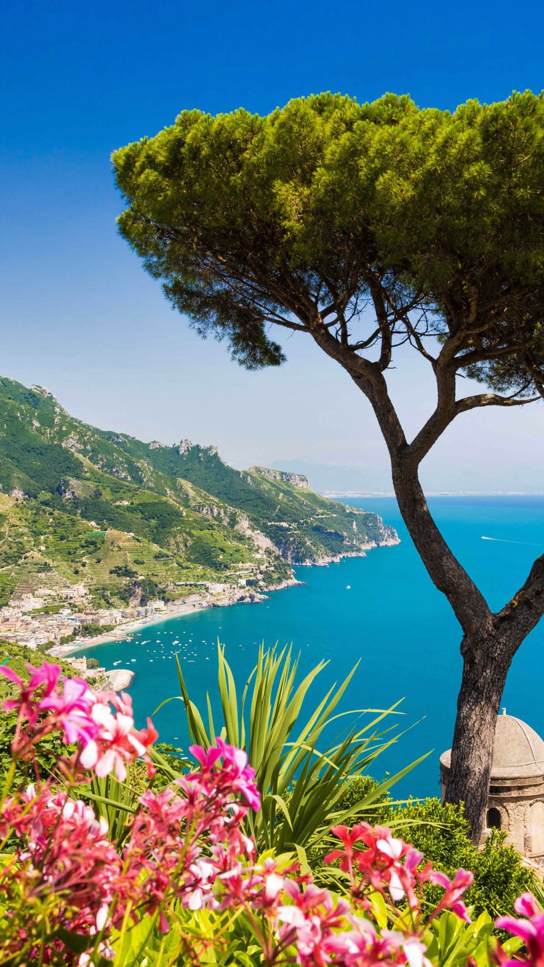 Download mobile wallpaper Sea, Italy, Flower, Tree, Ocean, Coastline, Amalfi, Man Made, Pink Flower, Towns for free.