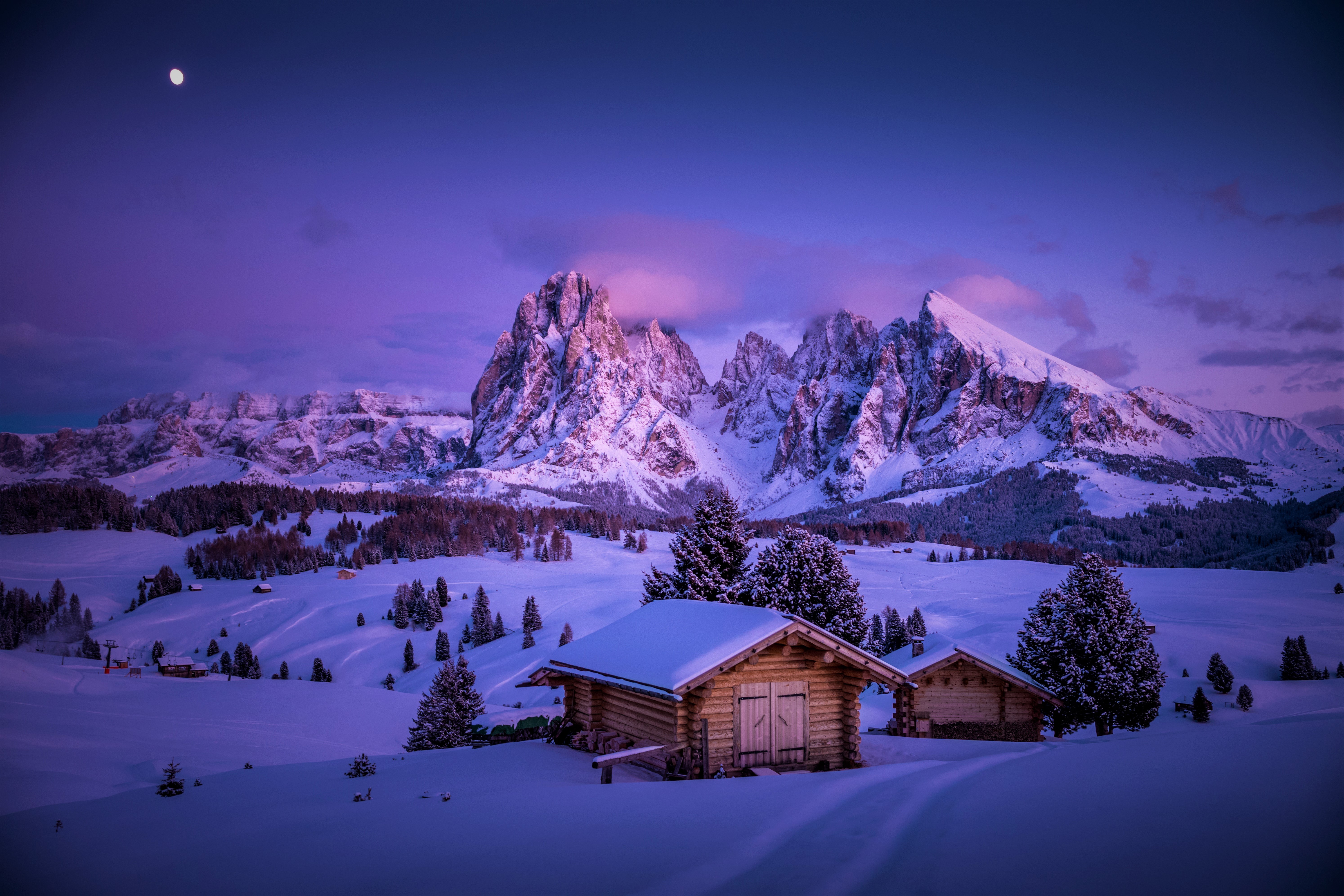 Handy-Wallpaper Landschaft, Winter, Schnee, Baum, Gebirge, Hütte, Menschengemacht kostenlos herunterladen.