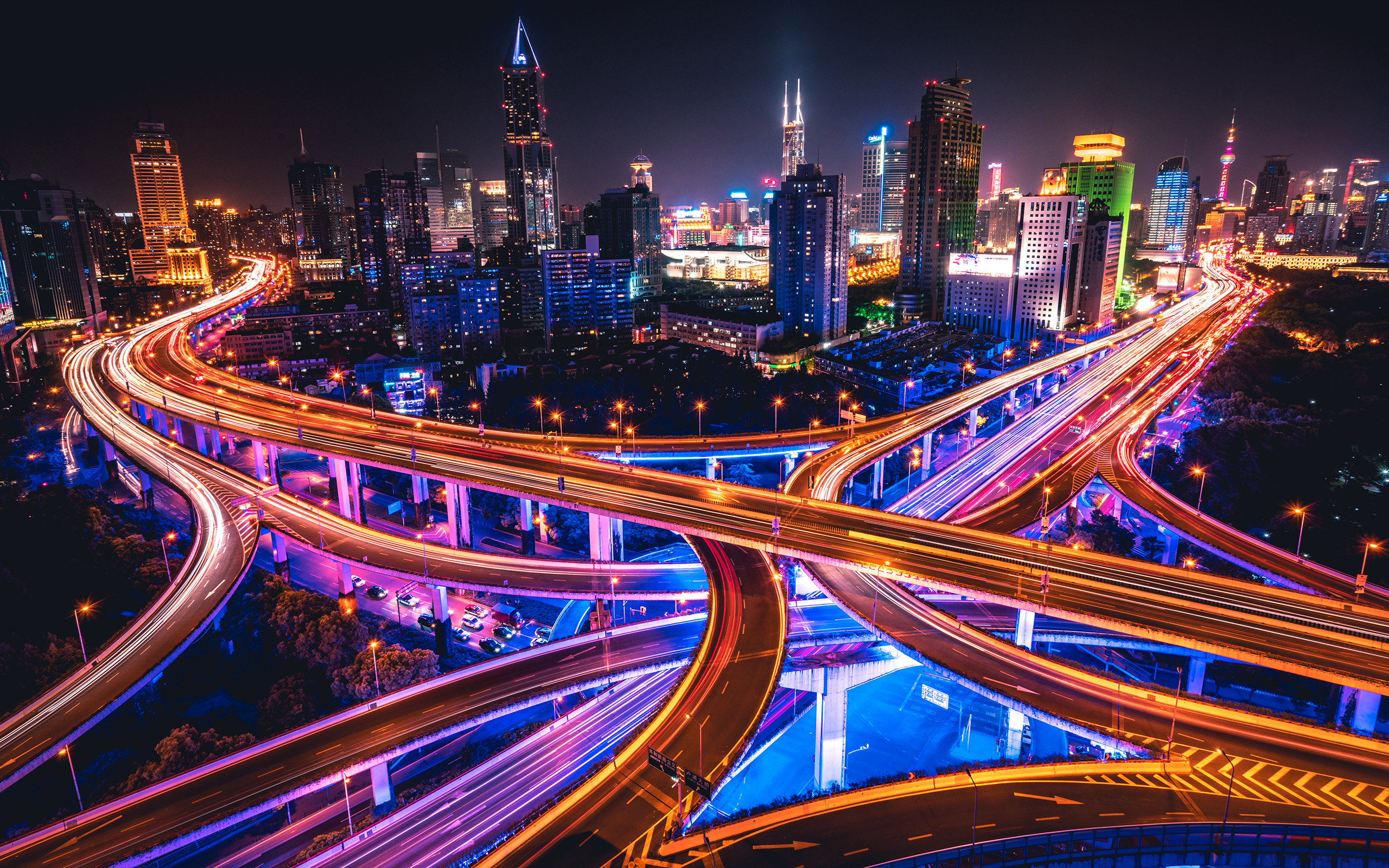 Download mobile wallpaper Cities, Night, Skyscraper, Building, Light, China, Shanghai, Highway, Man Made, Time Lapse for free.