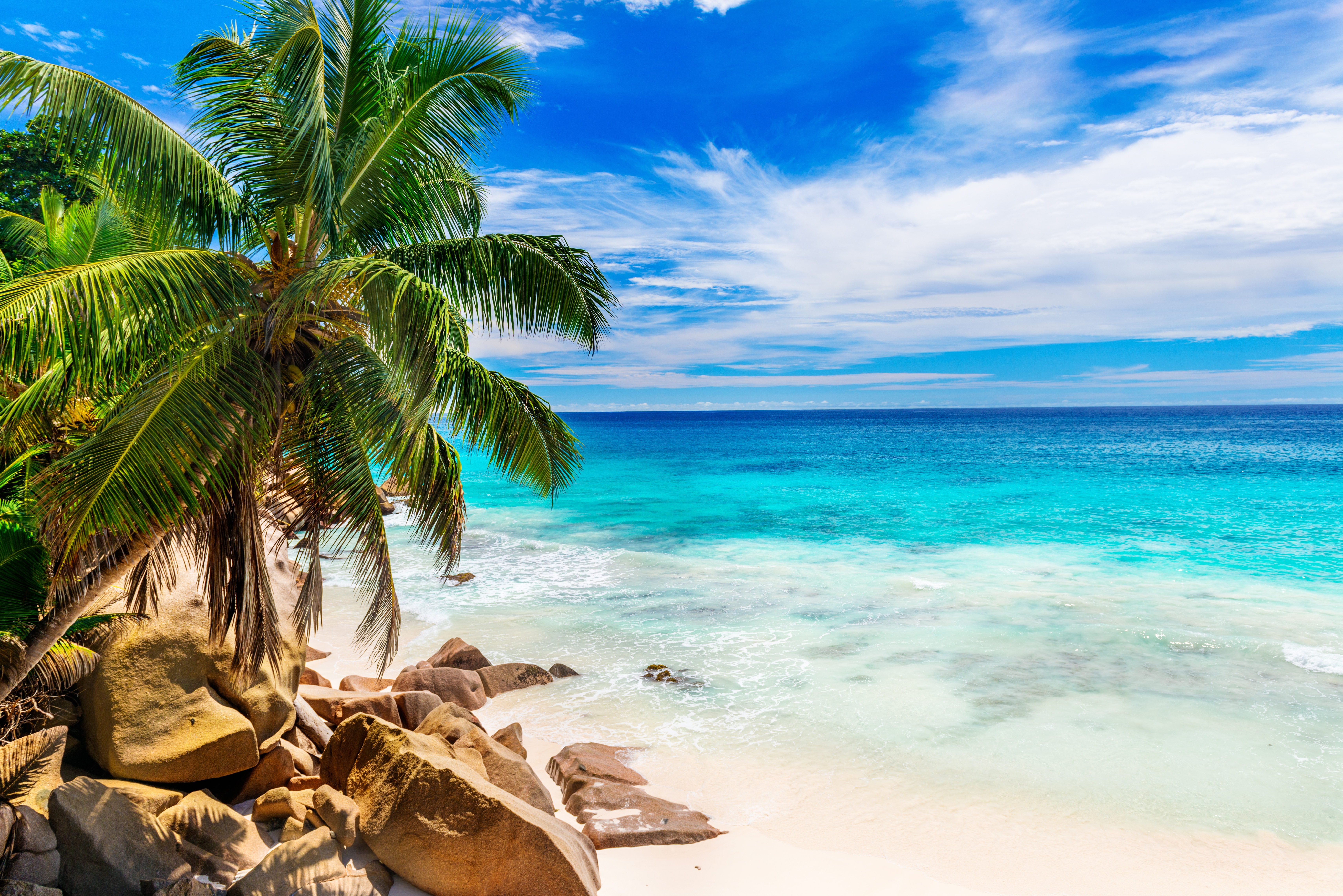 1525141 завантажити шпалери бірюзовий, сейшельські острови, пальма, земля, пляжний, синій, горизонт, океан, тропічний - заставки і картинки безкоштовно
