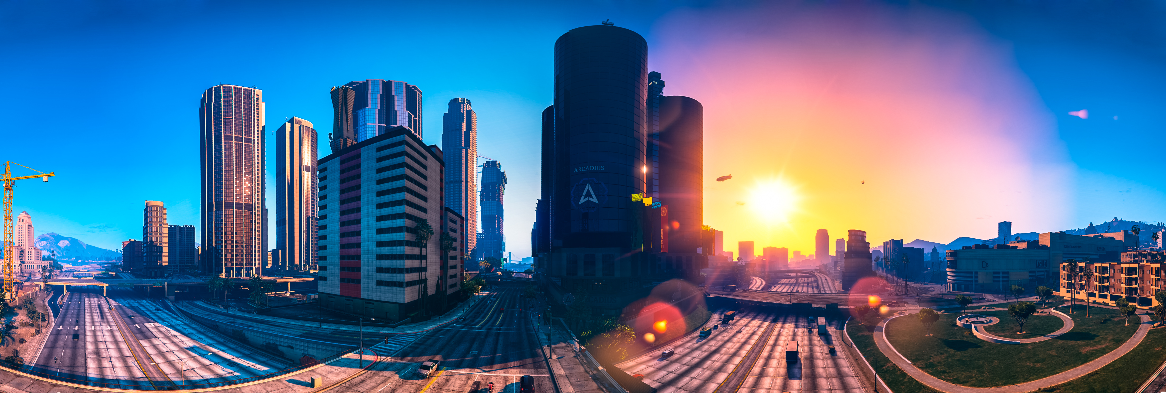 Download mobile wallpaper Sun, City, Road, Panorama, Video Game, Grand Theft Auto, Grand Theft Auto V for free.