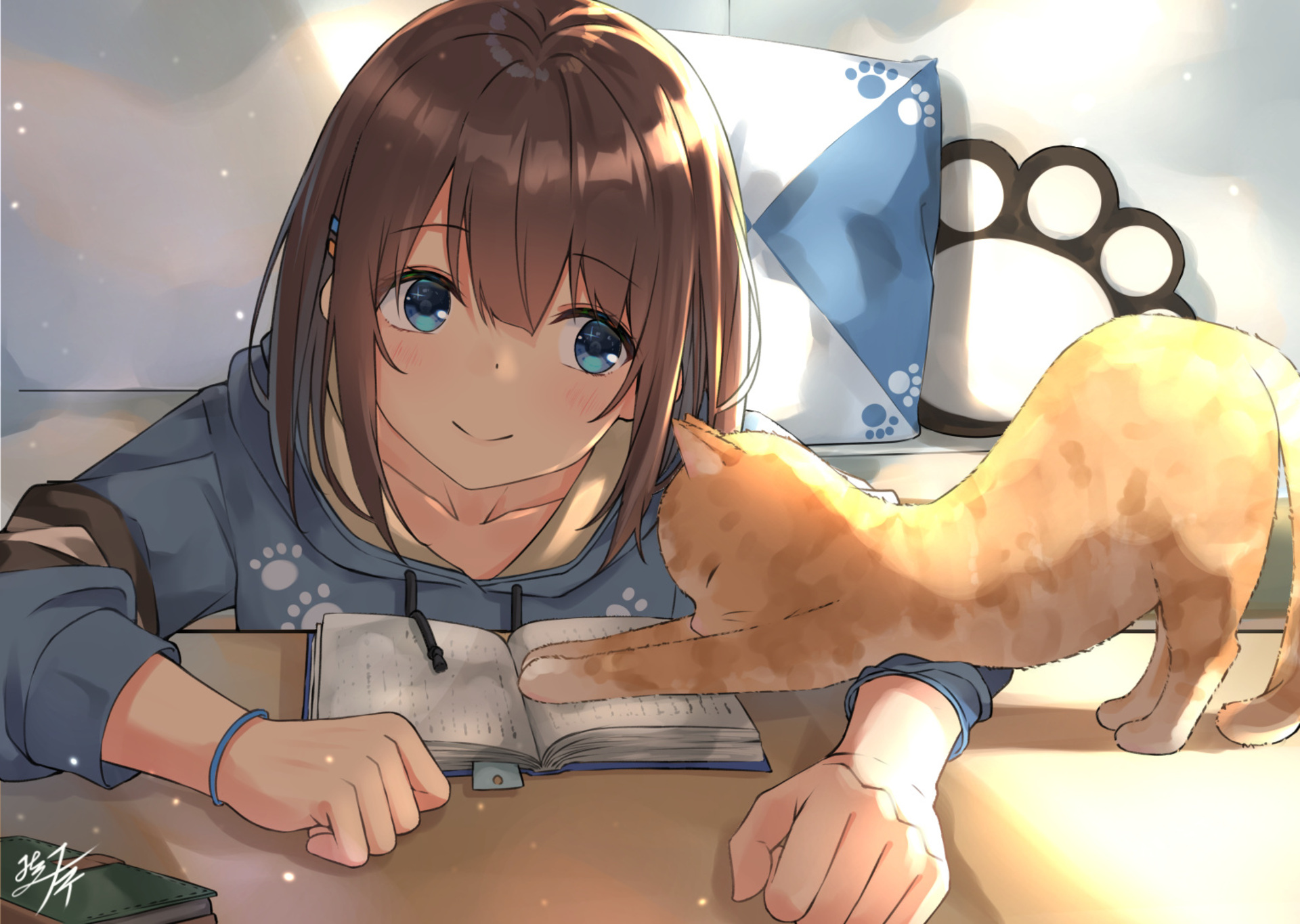 Free download wallpaper Anime, Cat, Book, Blue Eyes, Original, Brown Hair on your PC desktop