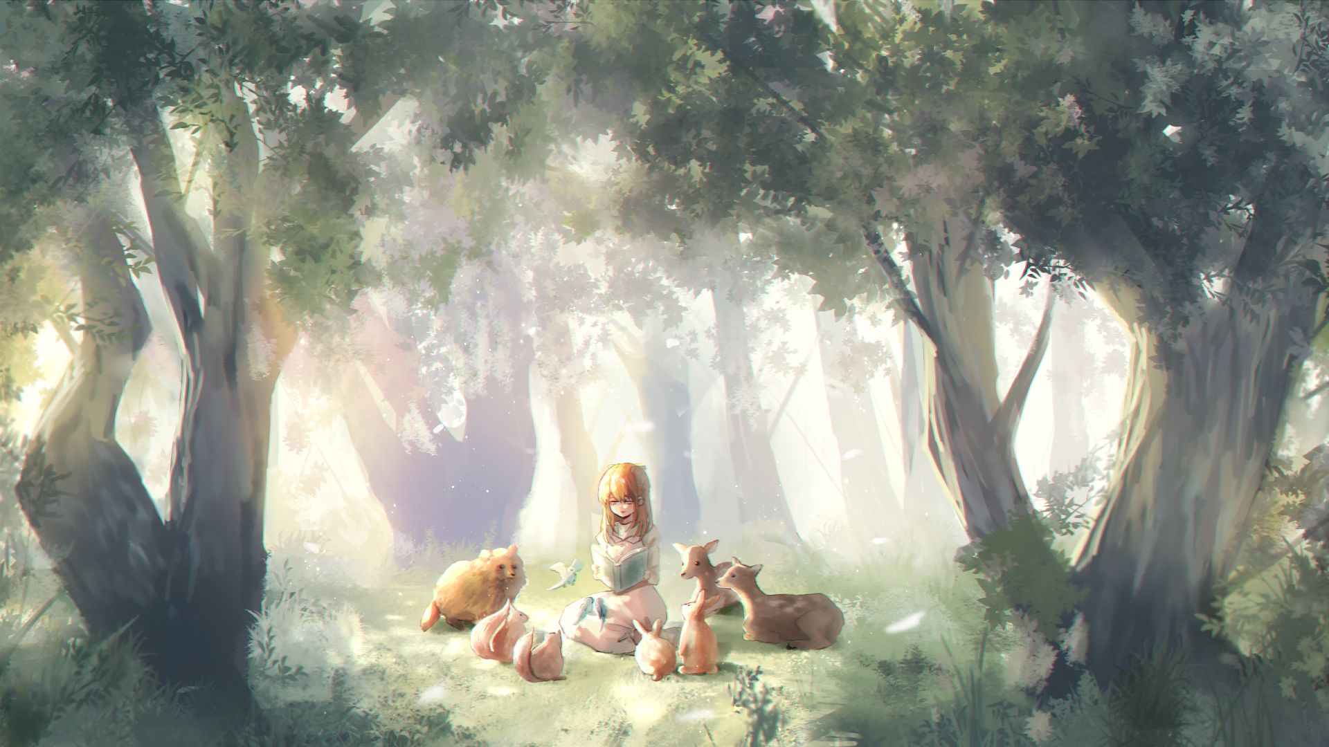 Free download wallpaper Anime, Forest, Tree, Book, Blonde, Original on your PC desktop