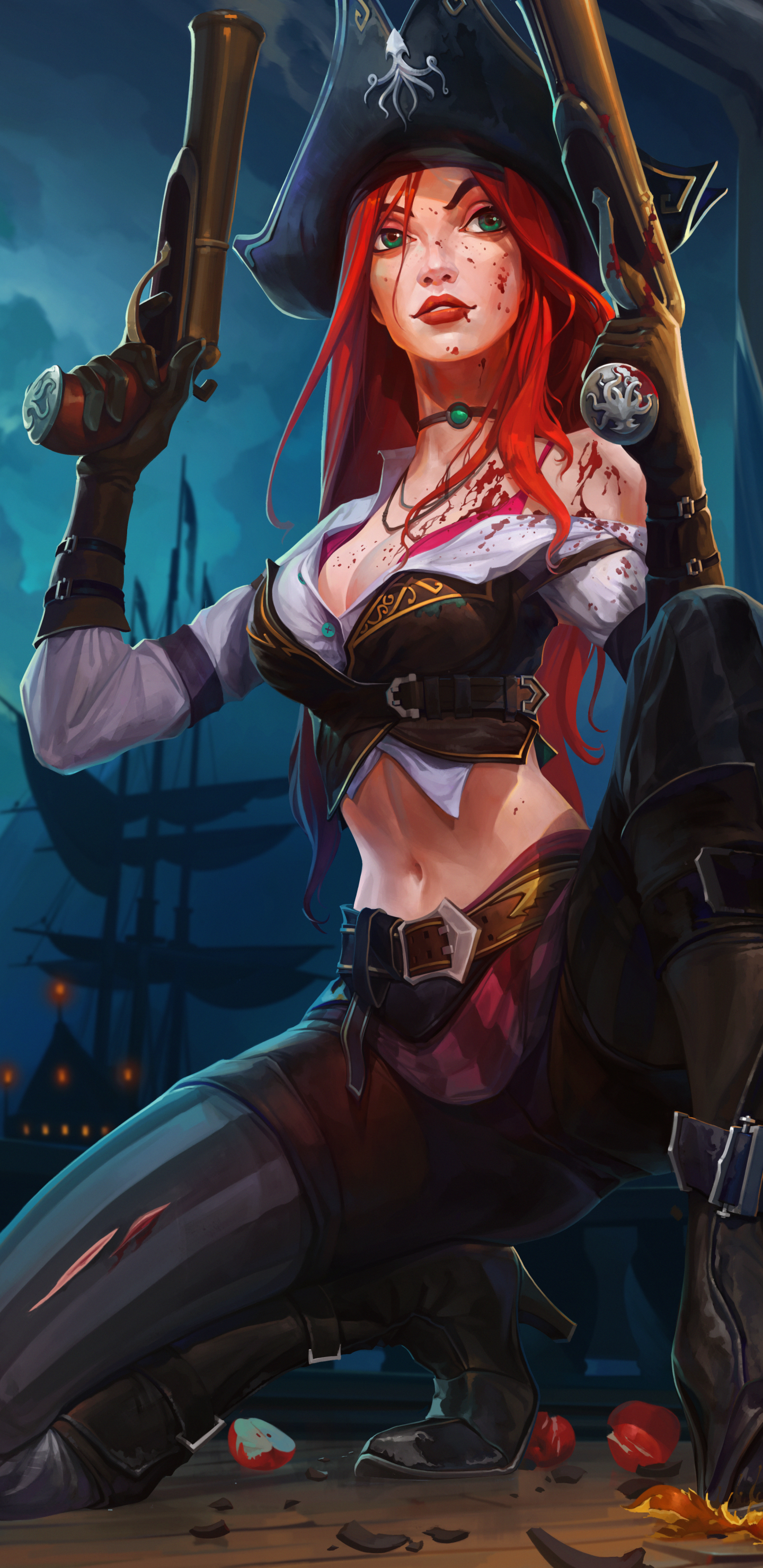 Download mobile wallpaper League Of Legends, Ship, Green Eyes, Pirate, Video Game, Gun, Red Hair, Woman Warrior, Miss Fortune (League Of Legends) for free.