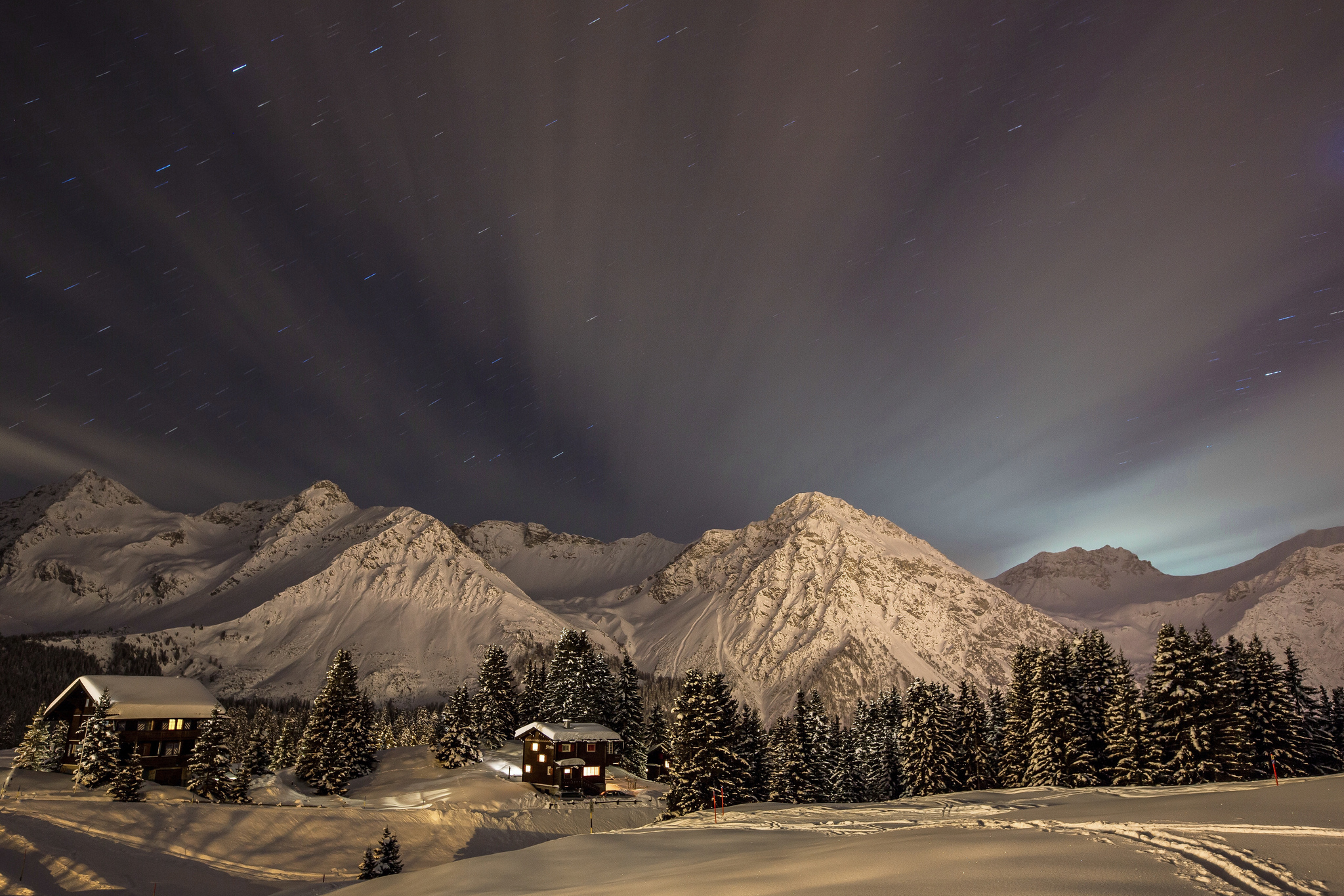 Download mobile wallpaper Winter, Snow, Mountain, House, Village, Dusk, Photography for free.