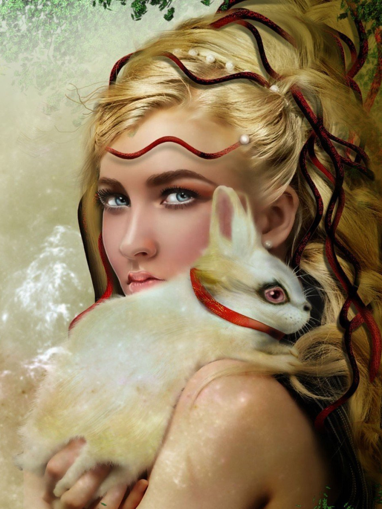 Download mobile wallpaper Fantasy, Bird, Blonde, Rabbit, Women, Blue Eyes for free.