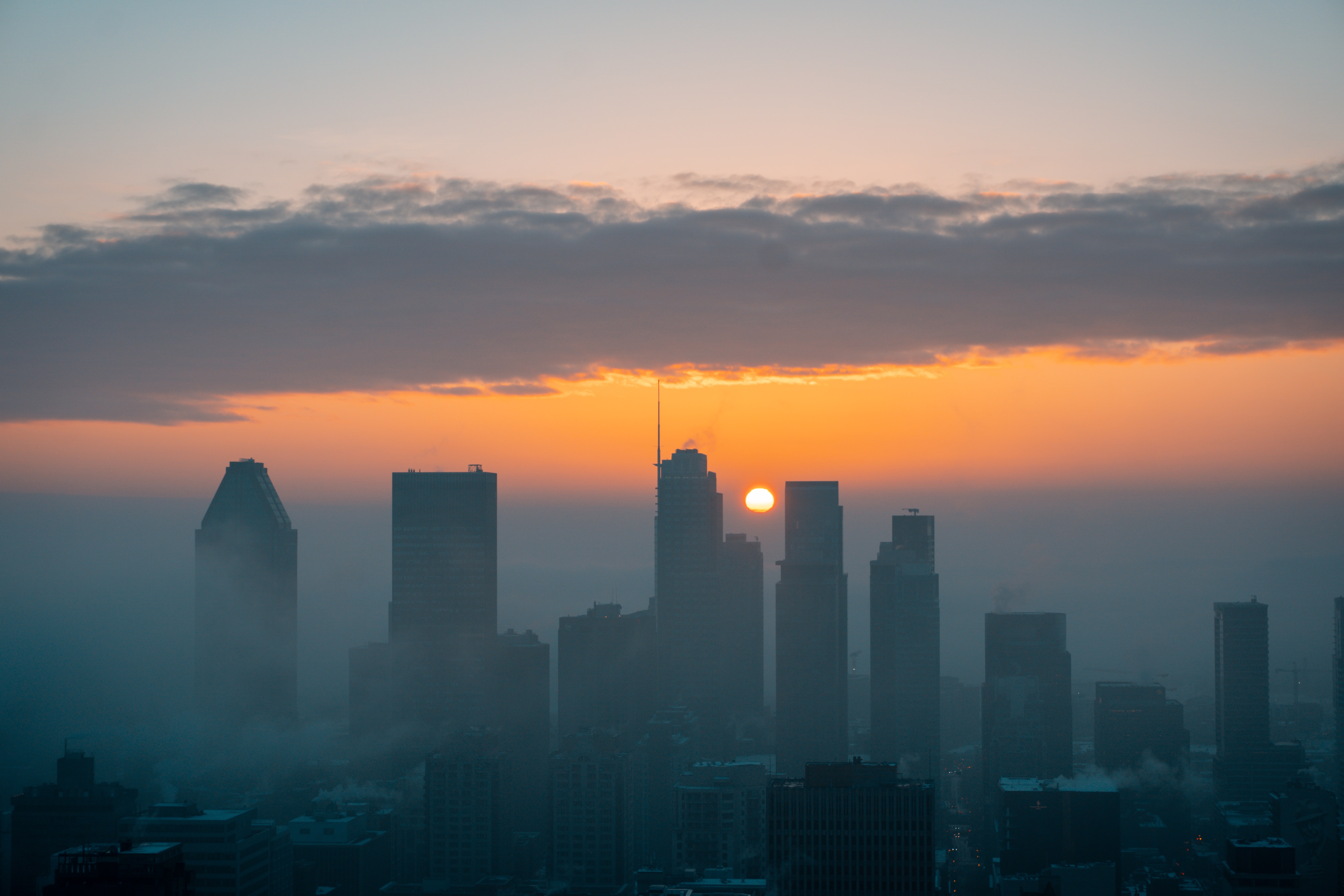 Free download wallpaper Sun, View From Above, Cities, City, Fog, Sunset on your PC desktop
