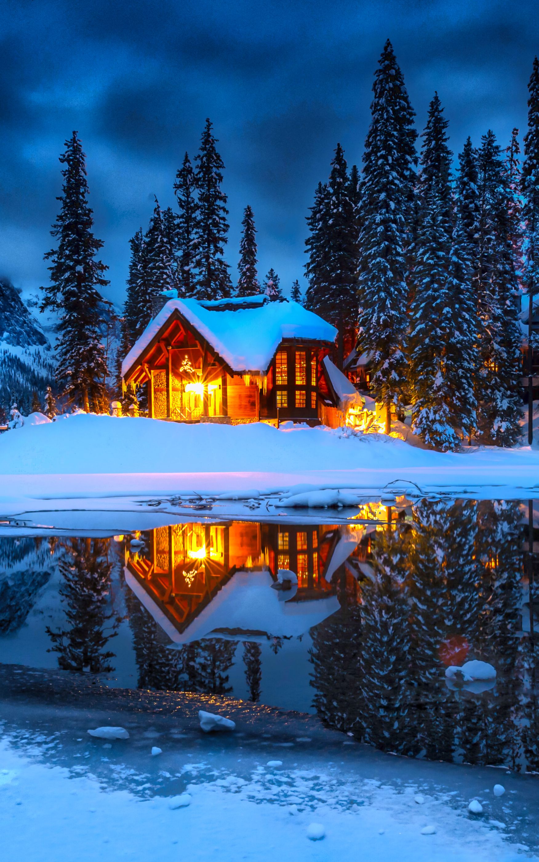 Download mobile wallpaper Water, Snow, Cabin, Man Made for free.