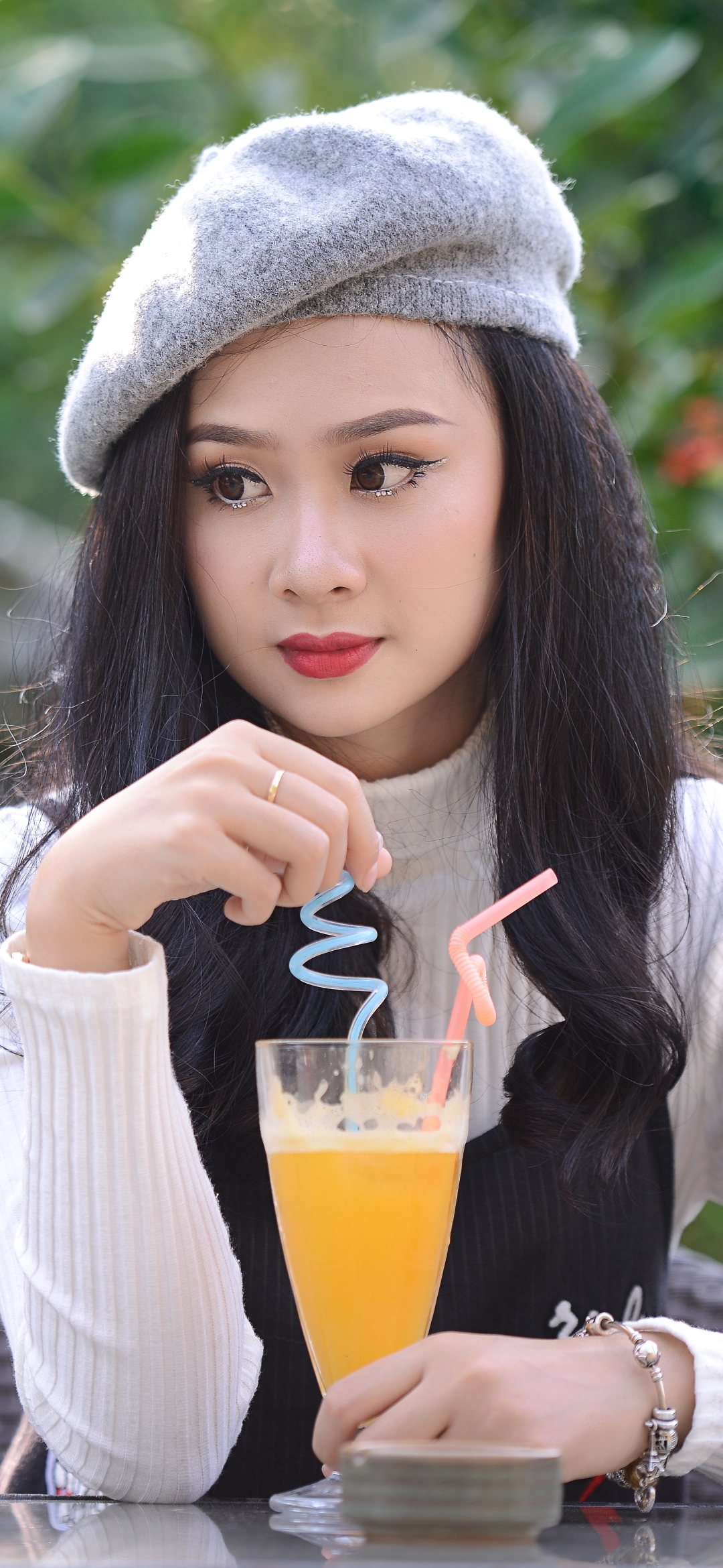 Download mobile wallpaper Drink, Hat, Brunette, Model, Women, Asian, Brown Eyes, Lipstick for free.