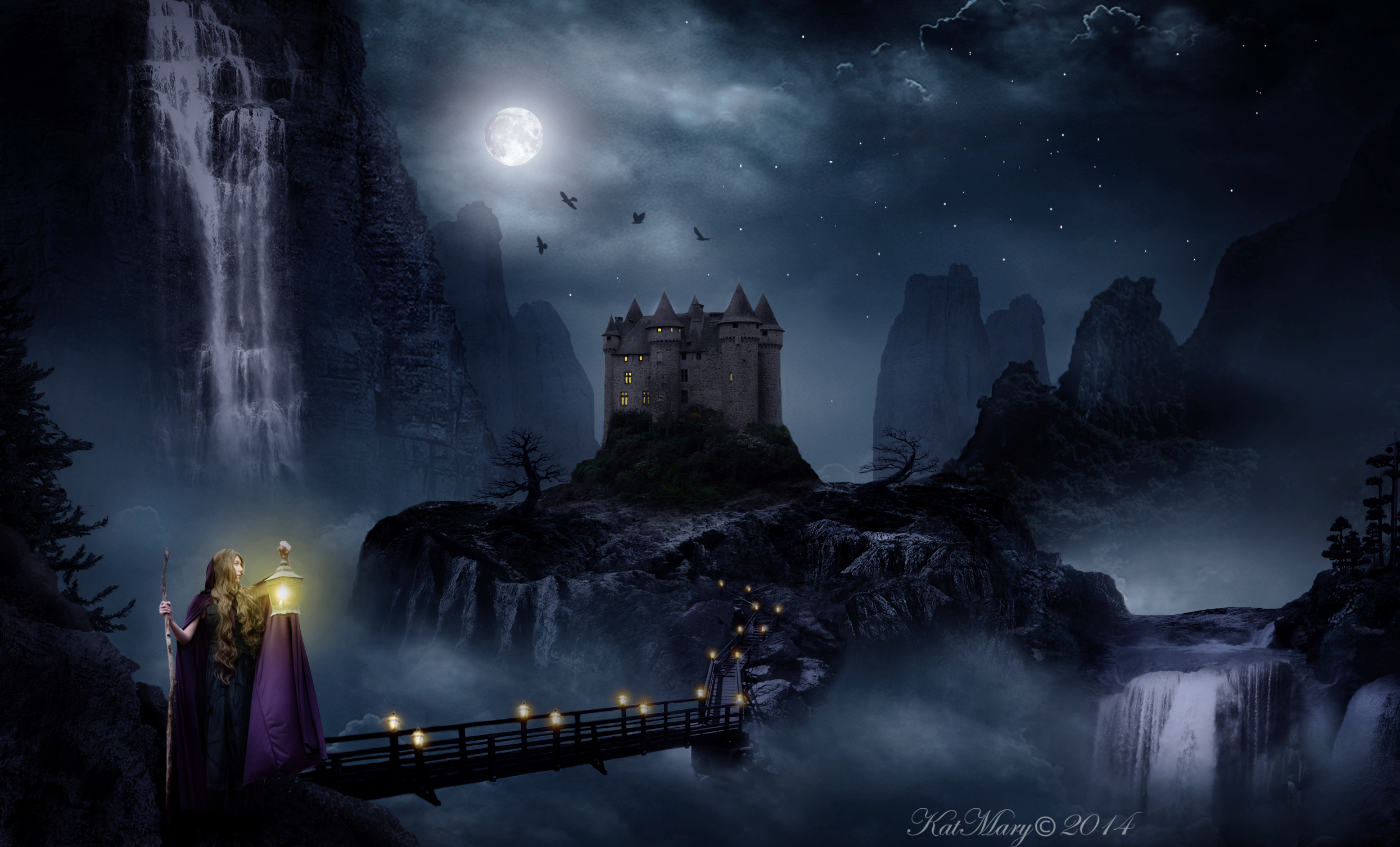 Laden Sie das Fantasie, Mond, Schlösser, Dunkel, Wasserfall, Brücke, Schloss-Bild kostenlos auf Ihren PC-Desktop herunter